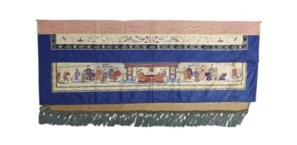 A Chinese silk embroidered altar front Late Qing dynasty The main panel depicting dignitaries a...