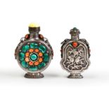 Two Mongolian-style white metal snuff bottles Qing dynasty, 19th century The first of moon-flas...