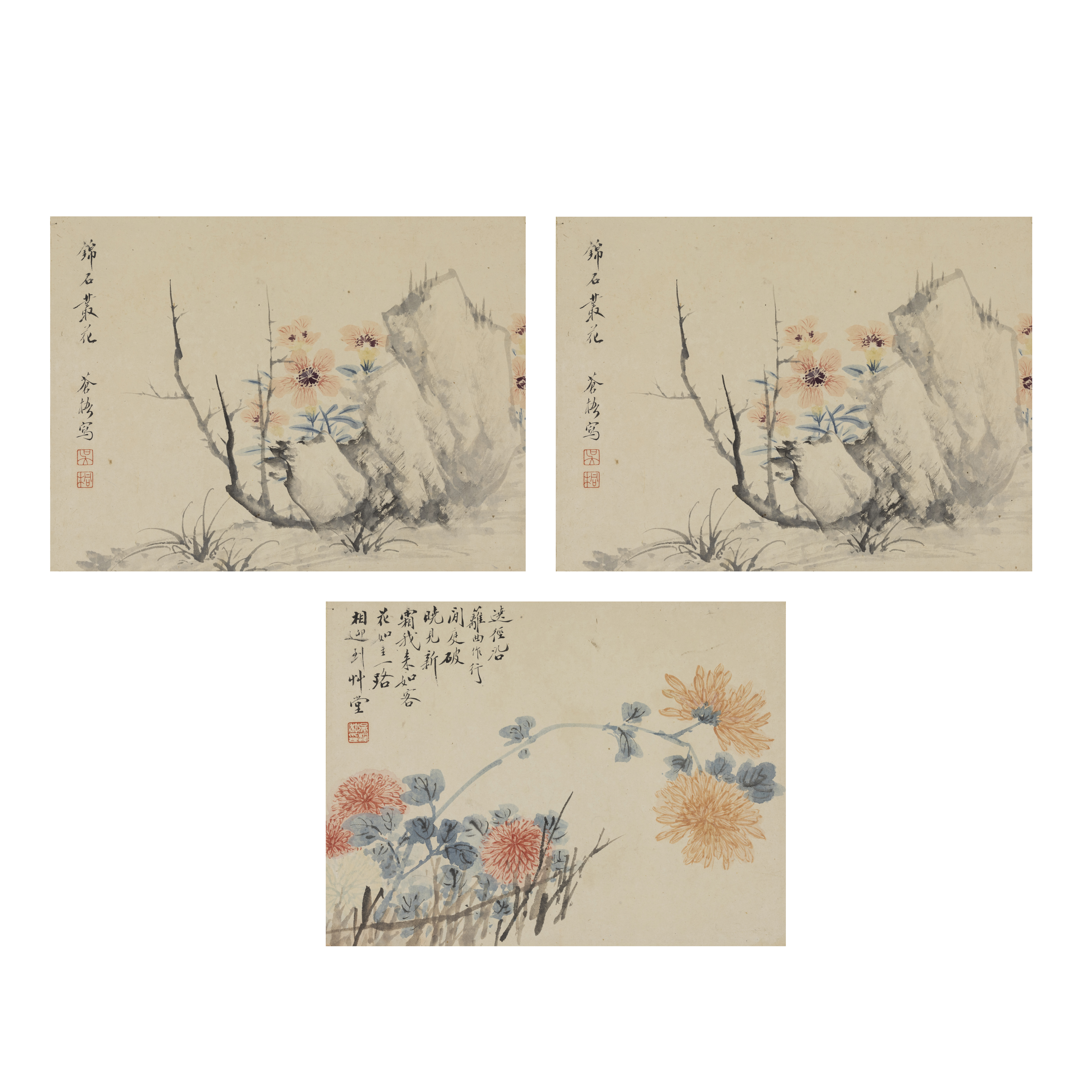 Wu Tong（1894-1953） 'Orchids', 'Chrysanthemums' and 'Hibiscus' Ink and colour on paper, three al...
