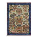 A Tibetan thangka of Shakyamuni Early 20th century Elaborately painted with various scenes and ...