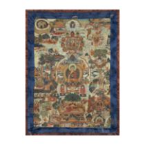 A Tibetan thangka of Shakyamuni Early 20th century Elaborately painted with various scenes and ...