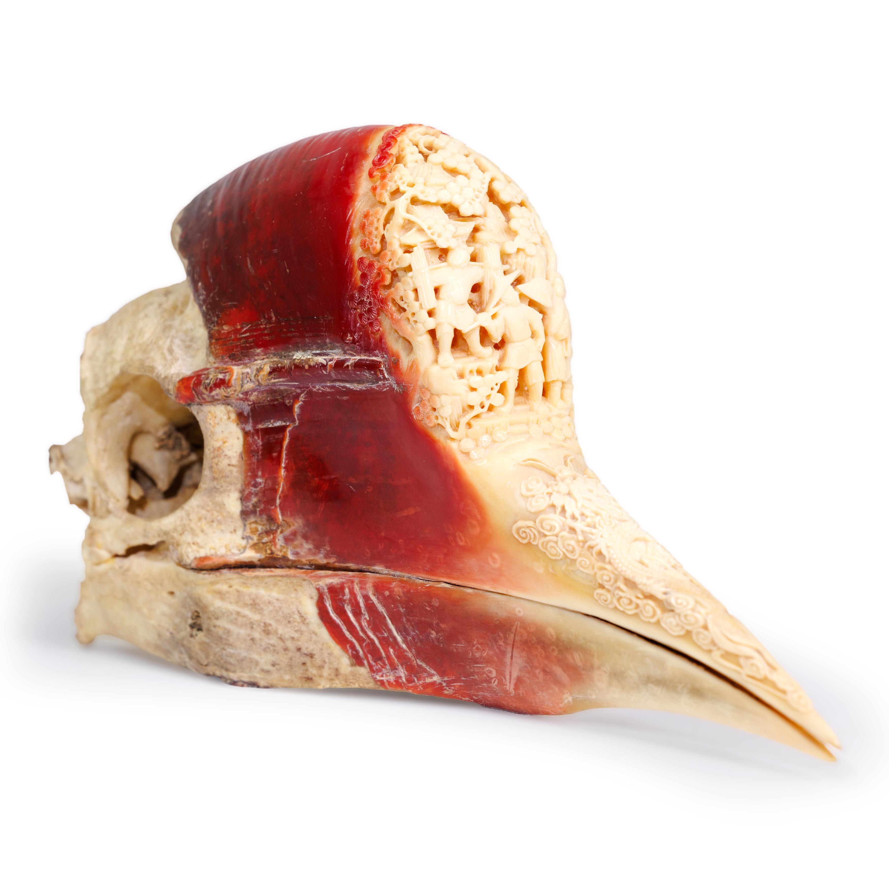 A Chinese carved hornbill skull 19th century Carved in high relief with four figures in a villa... - Image 2 of 2