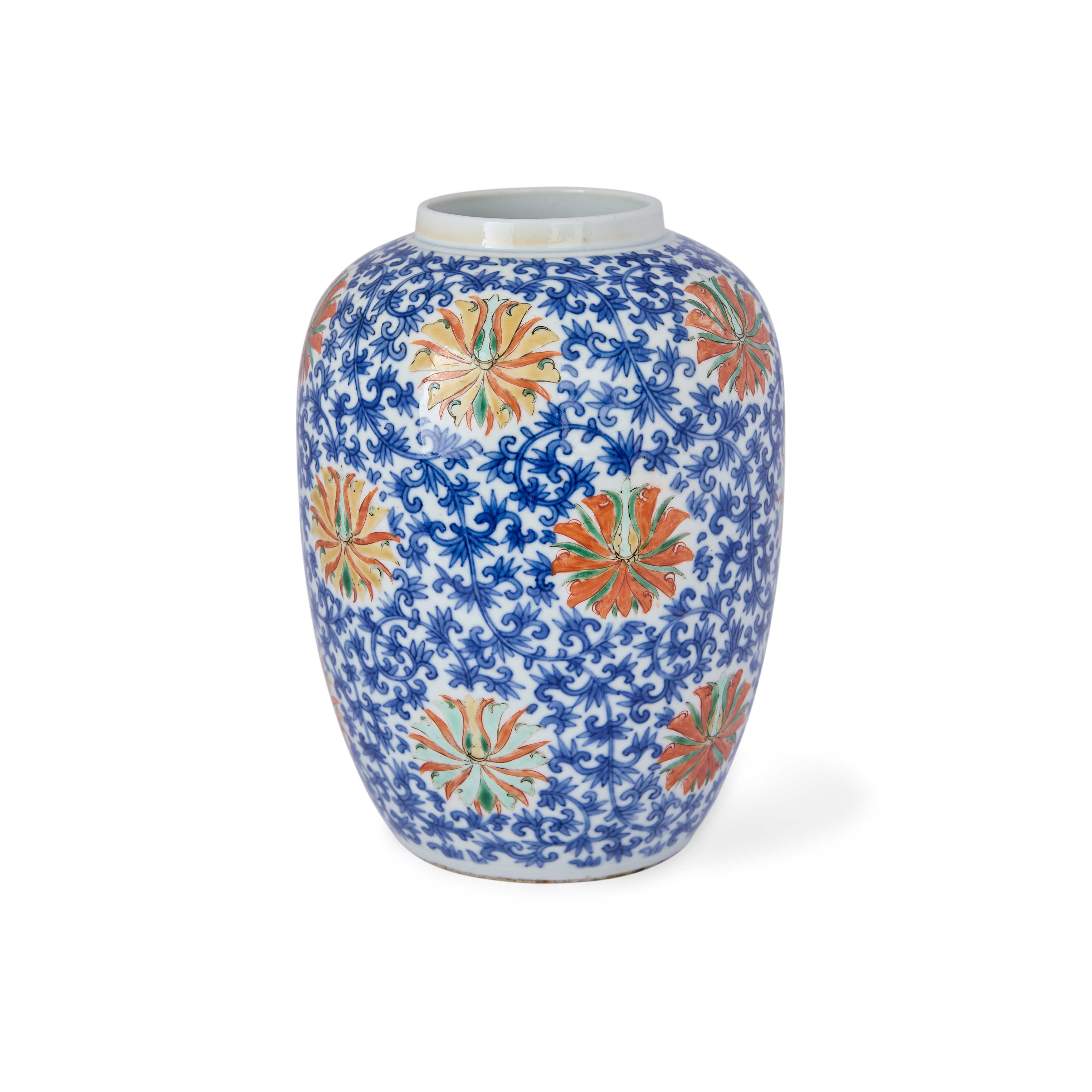 A Chinese wucai 'lotus' oviform jar Late Qing dynasty Painted in underglaze blue with a continu...
