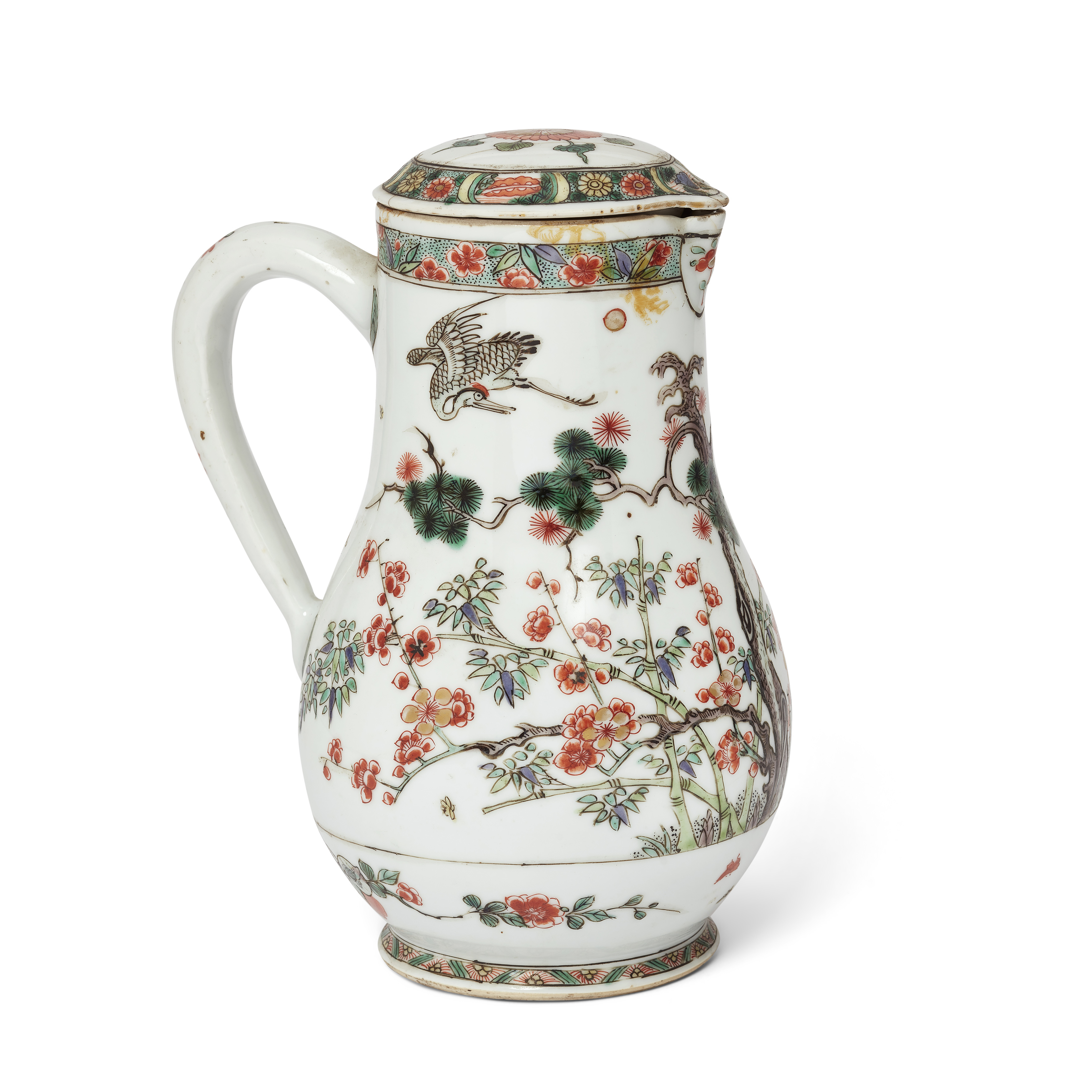 A Chinese famille verte 'three friends of winter' coffee pot and cover Qing dynasty, Kangxi peri...