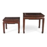 Two Chinese hongmu graduated square stools Republic period On square supports to hoof feet, 46c...