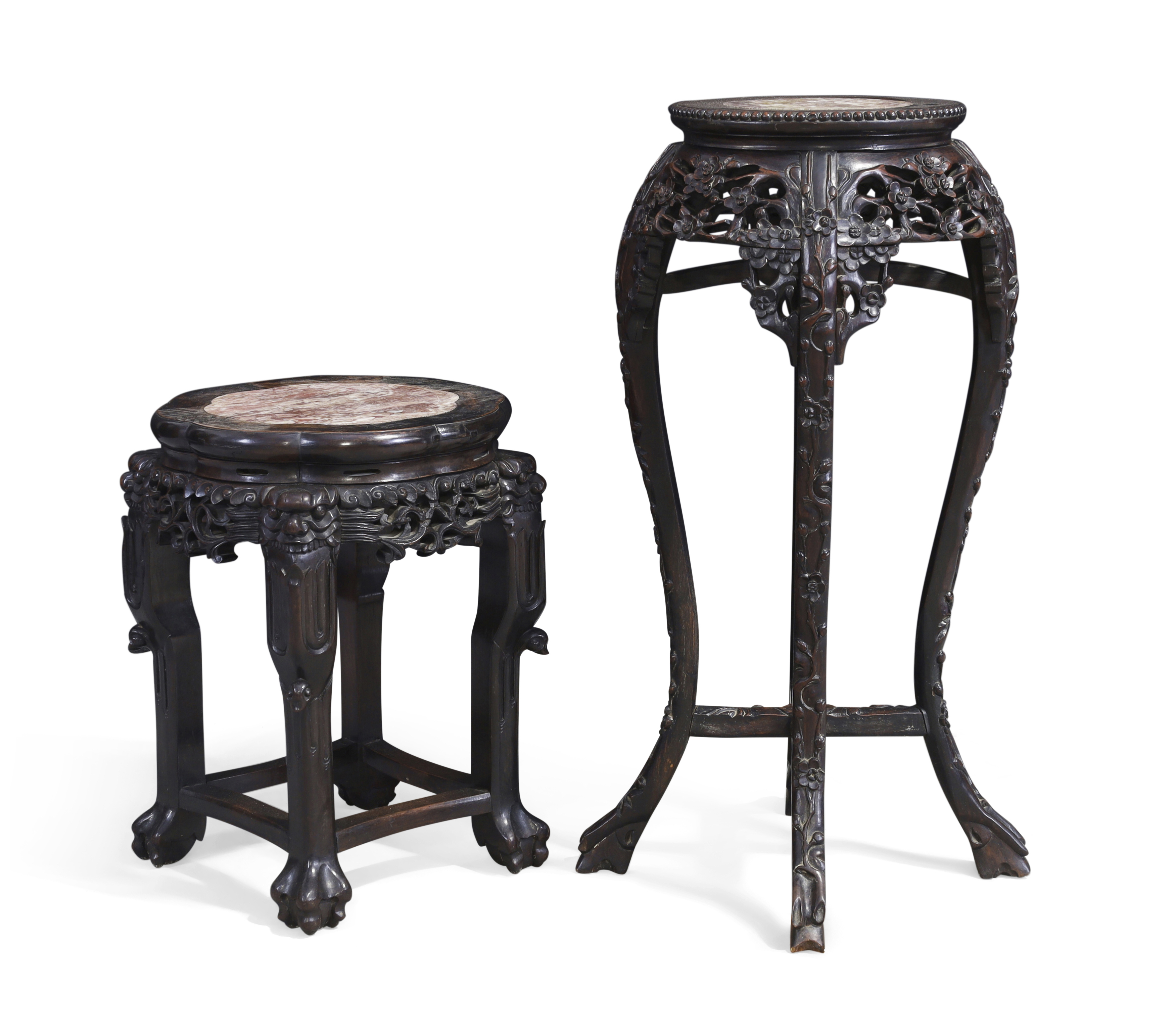 A Chinese hongmu marble inset stool and a similar jardinière stand, Qing dynasty, 19th century ...