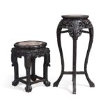 A Chinese hongmu marble inset stool and a similar jardinière stand, Qing dynasty, 19th century ...
