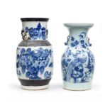 Two Chinese blue and white twin handled vases 19th century Comprising a celadon glazed vase wit...