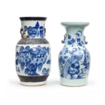 Two Chinese blue and white twin handled vases 19th century Comprising a celadon glazed vase wit...