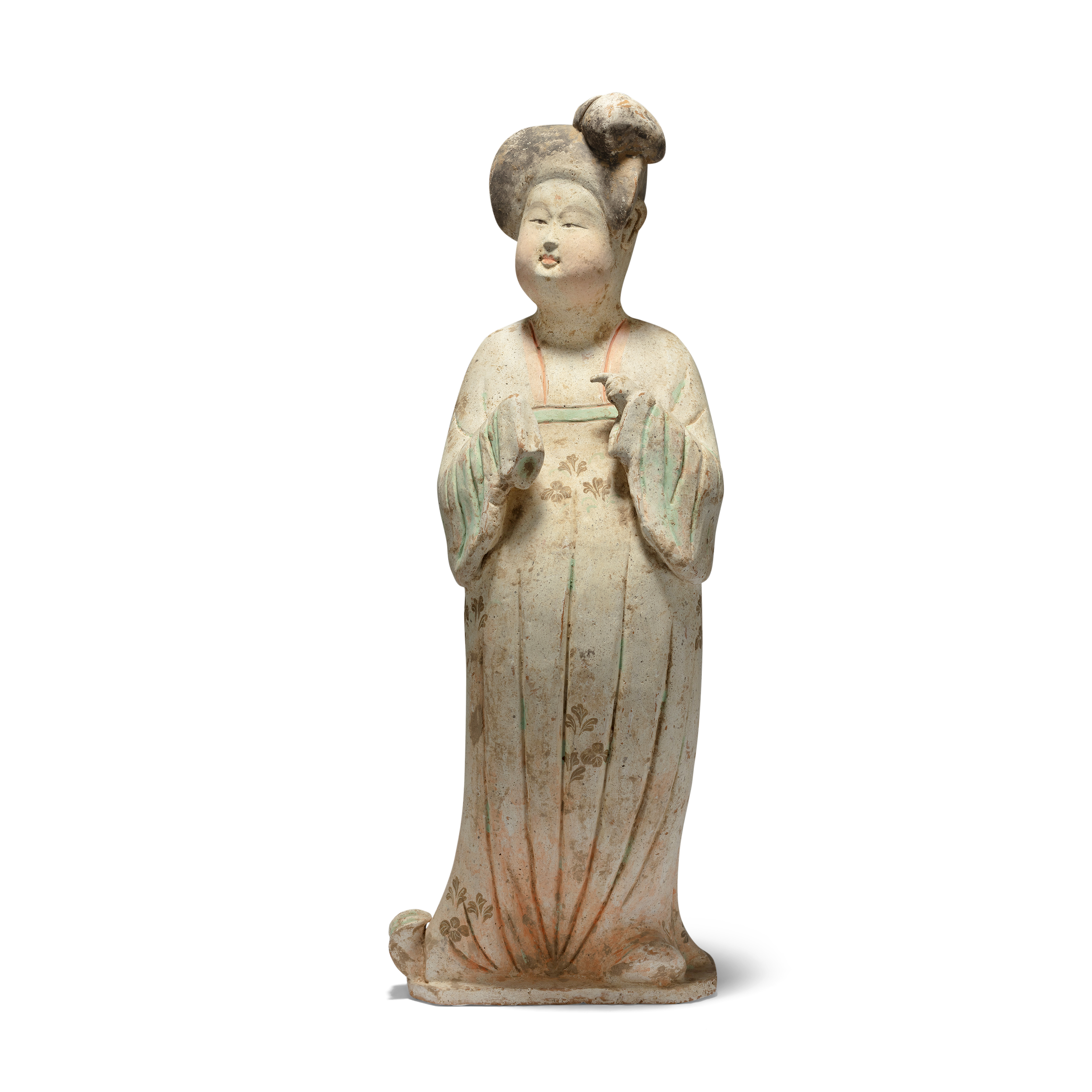 A large Chinese figure of a court lady Tang dynasty Modelled standing swaying forward looking t...
