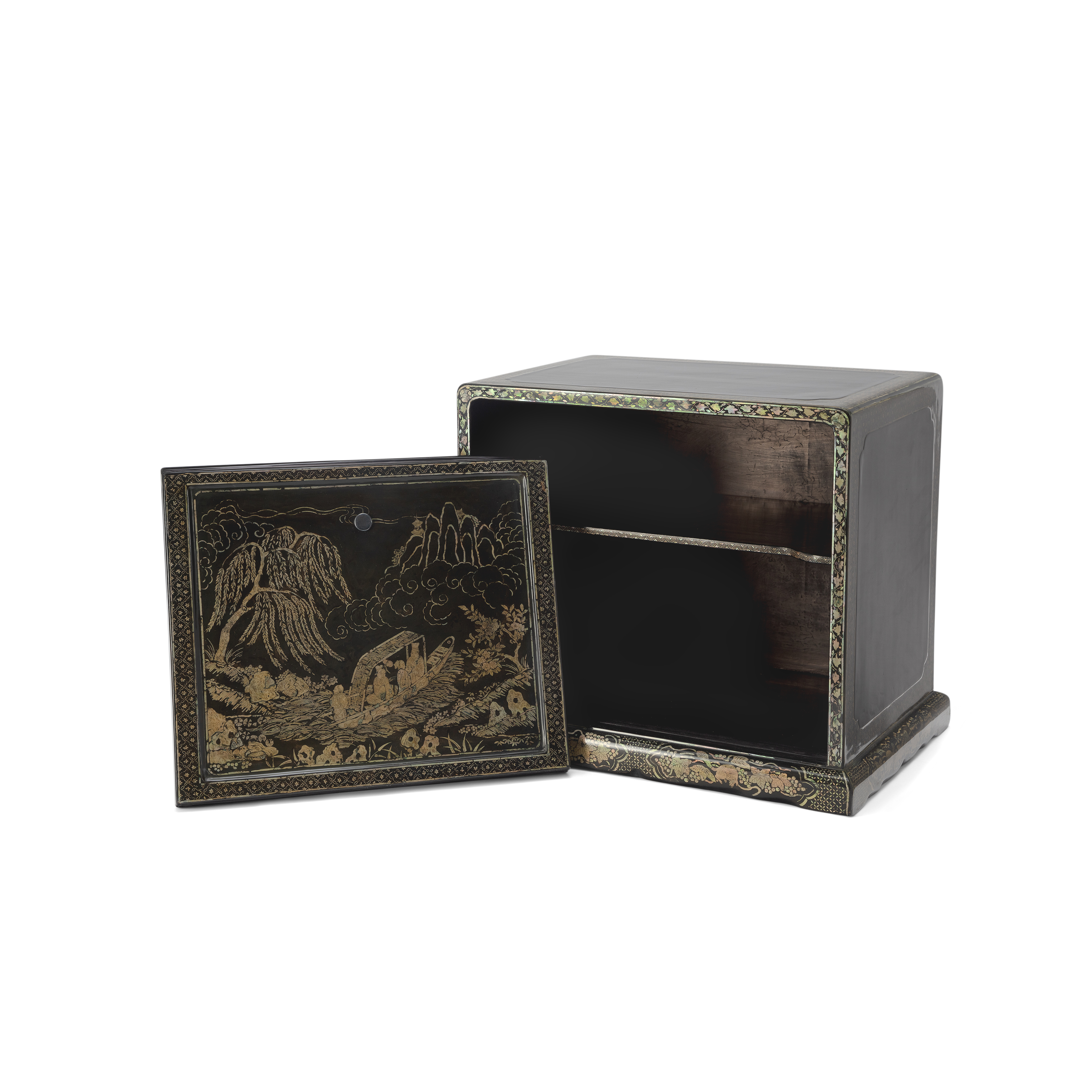 A Chinese mother of pearl inlaid black lacquer table cabinet Ming dynasty, 17th century With pa... - Image 2 of 3