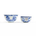 Three Chinese blue and white bowls with reticulated sides and one with cut glaze to imitate retic...