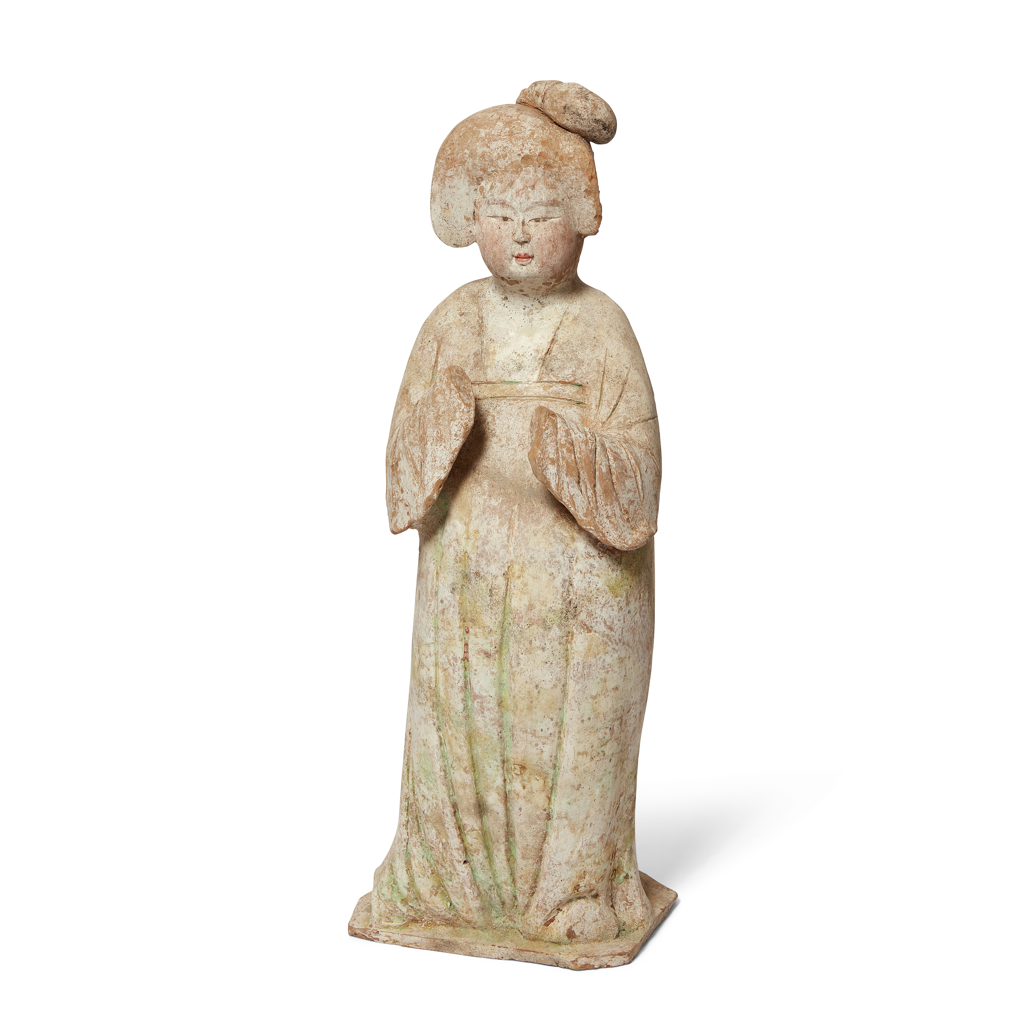 A large Chinese pottery figure of a court lady Tang dynasty Modelled standing swaying to the le...
