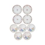 Nine Chinese export famille rose saucers Qing dynasty, Qianlong period Five painted with prunus...