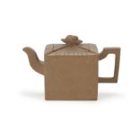 A Chinese pale Yixing 'parcel knot' teapot 20th century Of square form flanked by a square hand...