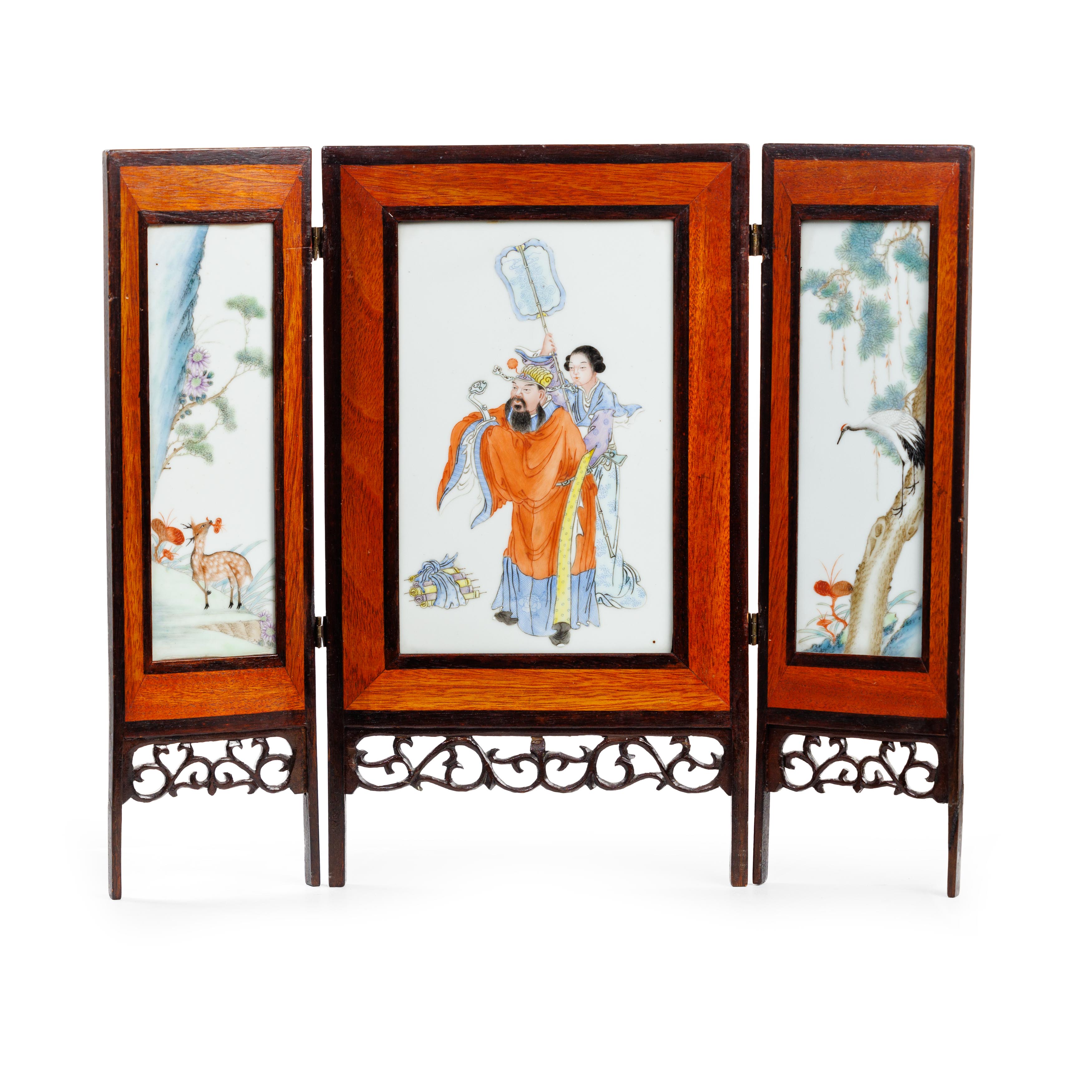A Chinese porcelain inset 'longevity' three-fold table screen Early 20th century The screen wit...