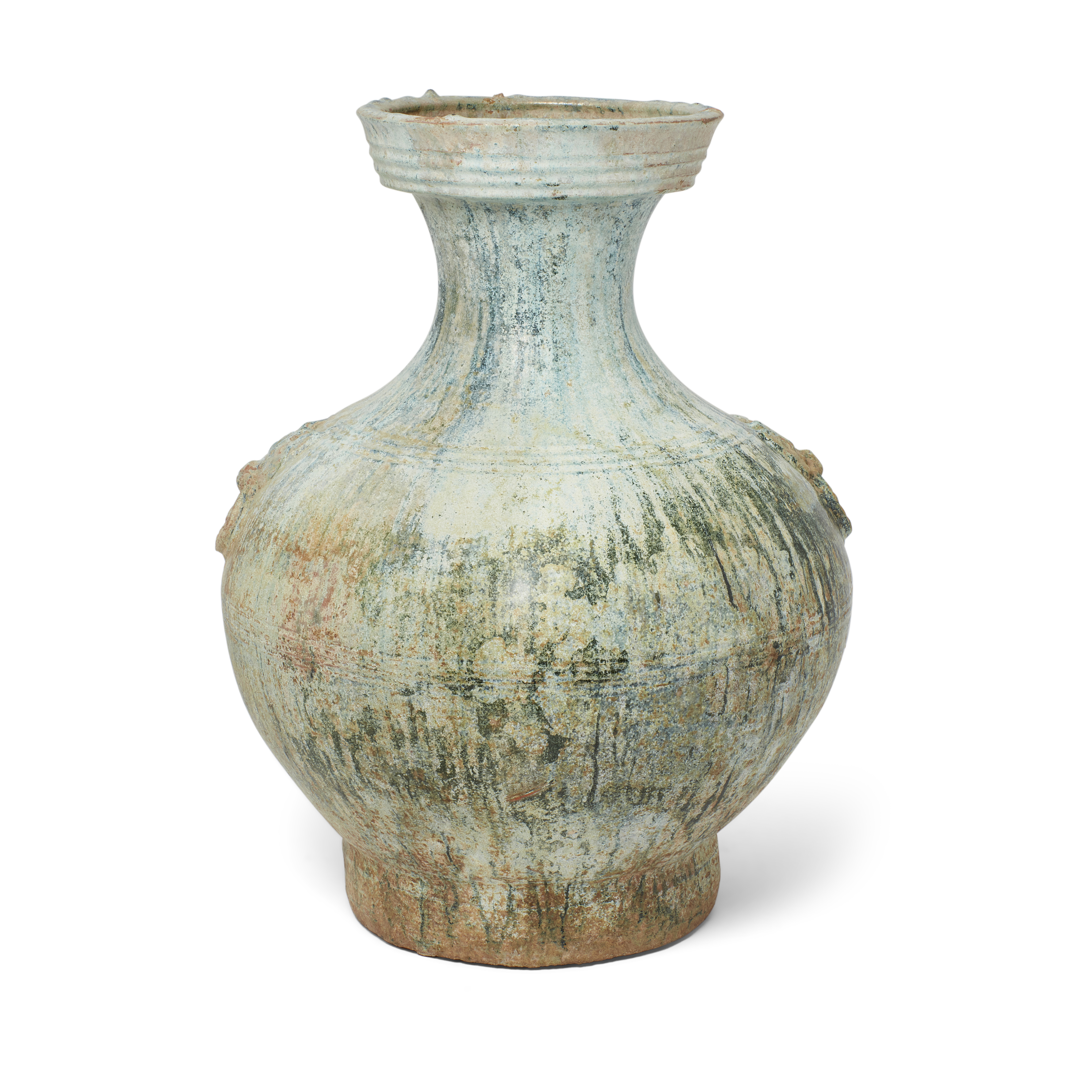 A large Chinese lead-green-glazed pear-shaped vase, hu Han dynasty With paired mock-embossed my...