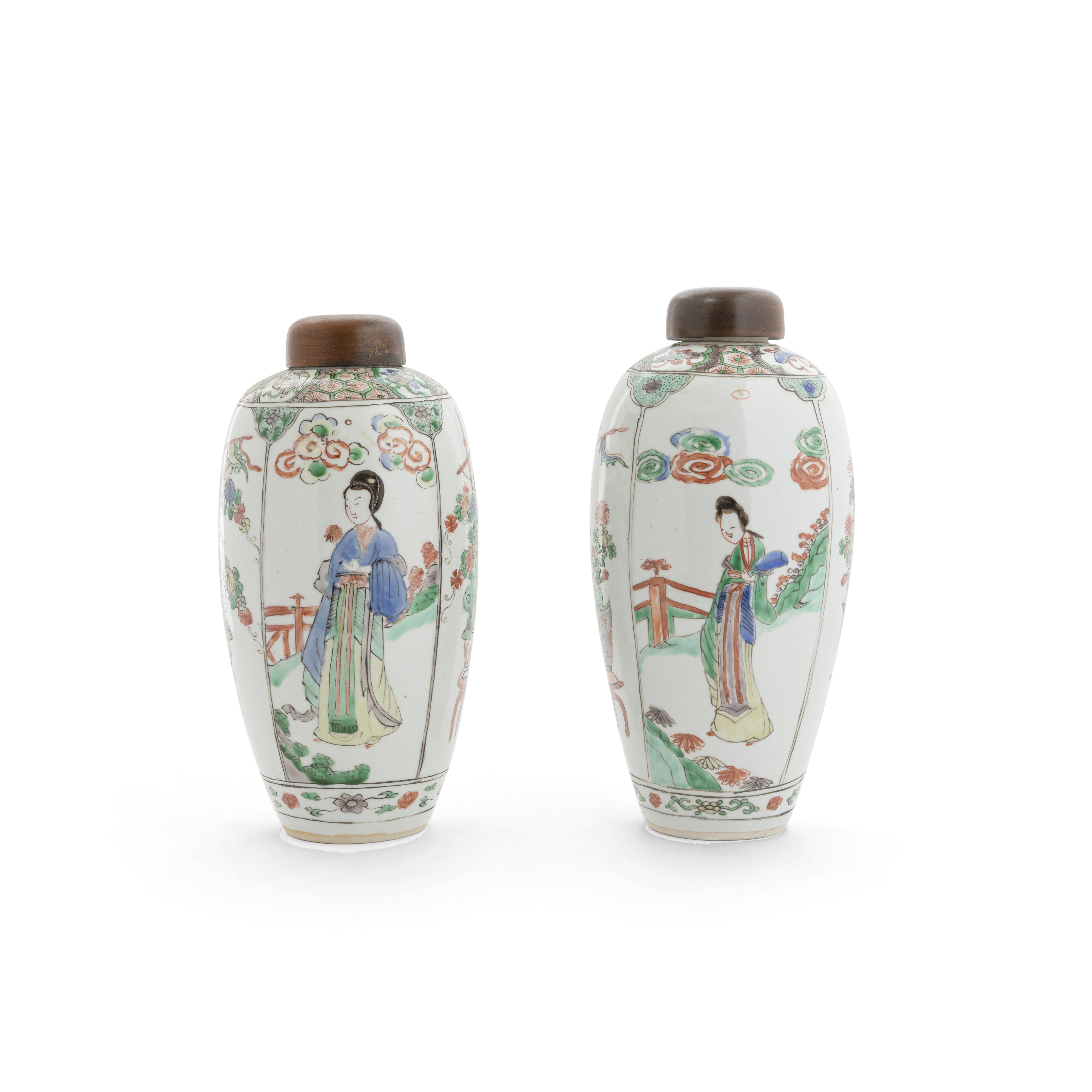 An associated pair of Chinese famille verte oviform jars Qing dynasty, Kangxi period Each ename...