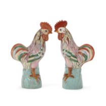 A pair of Chinese export famille rose chickens 20th century With brightly enamelled plumage sta...