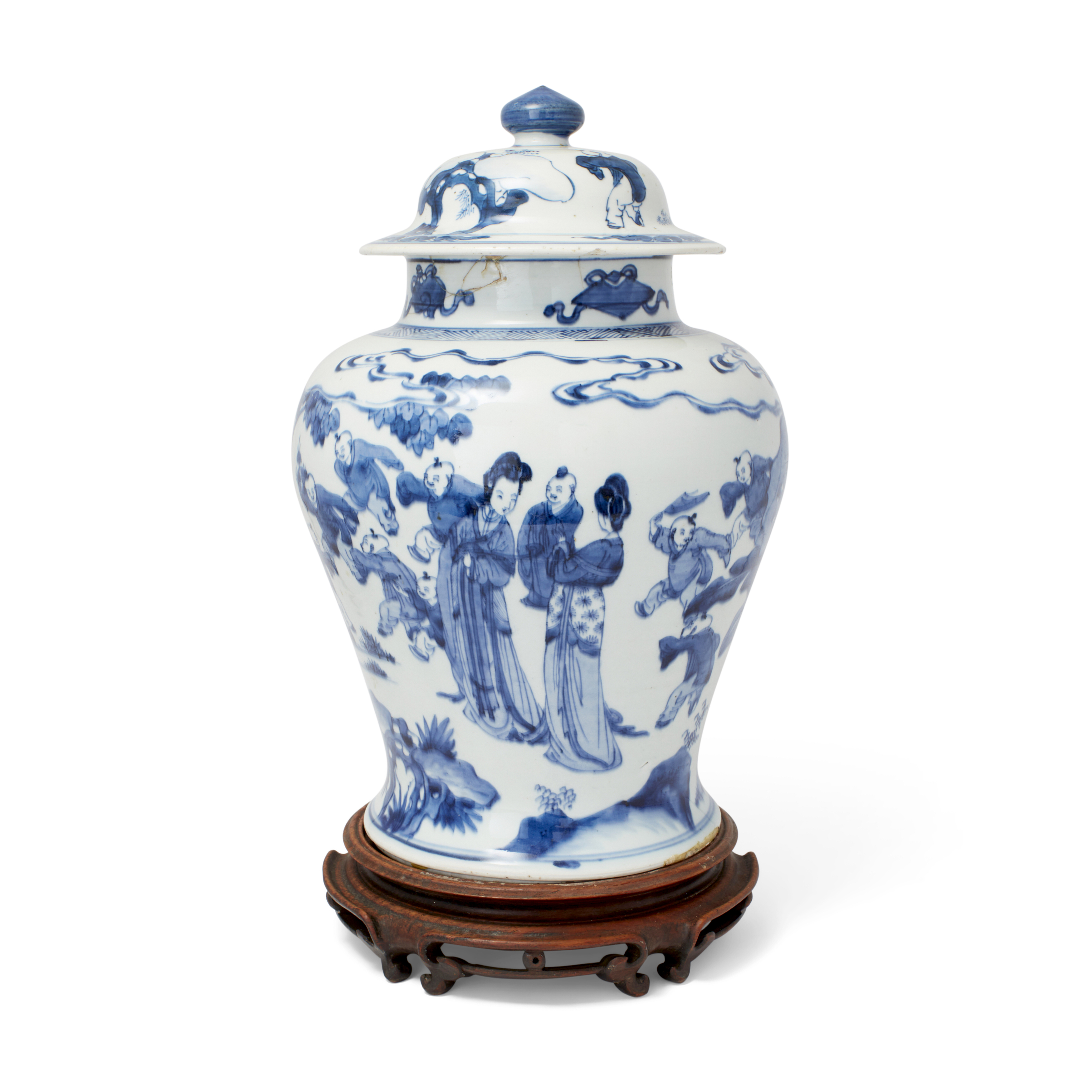 A large Chinese blue and white 'ladies and boys' jar and cover Qing dynasty, Kangxi period Risi...
