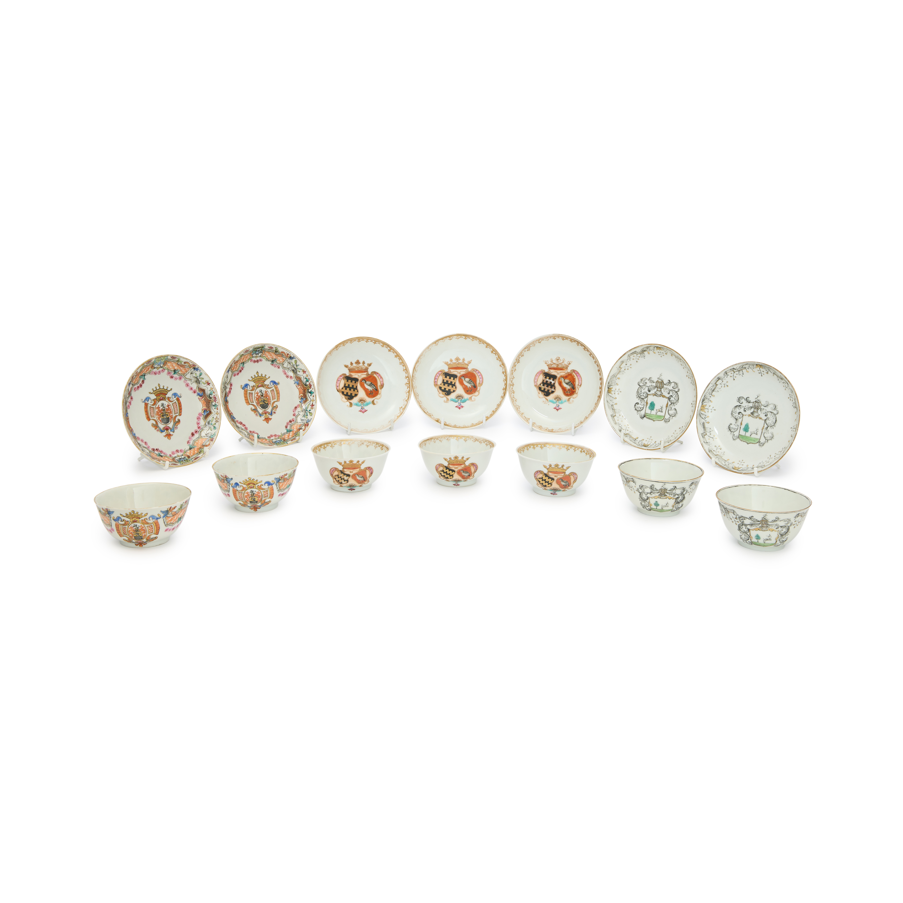 Seven sets of Chinese export tea cups and saucers Qing dynasty, 18th century Comprising two set...