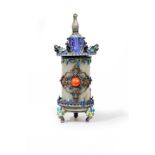 A Chinese jade and enamelled silver pagoda-shaped box and cover with coral and turquoise inlay L...
