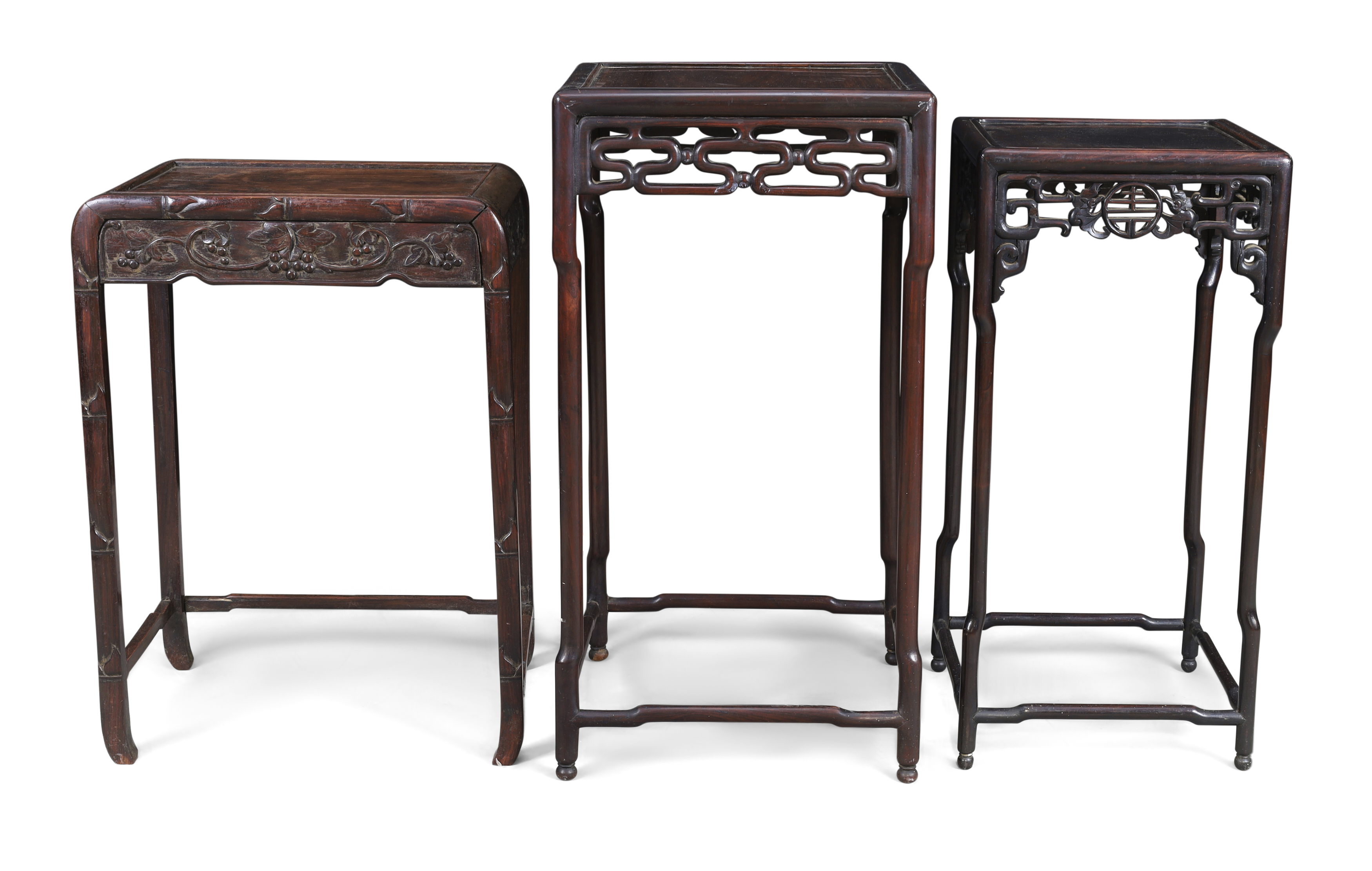 Three Chinese hongmu occasional tables, Qing dynasty, late 19th century Two of square form with...