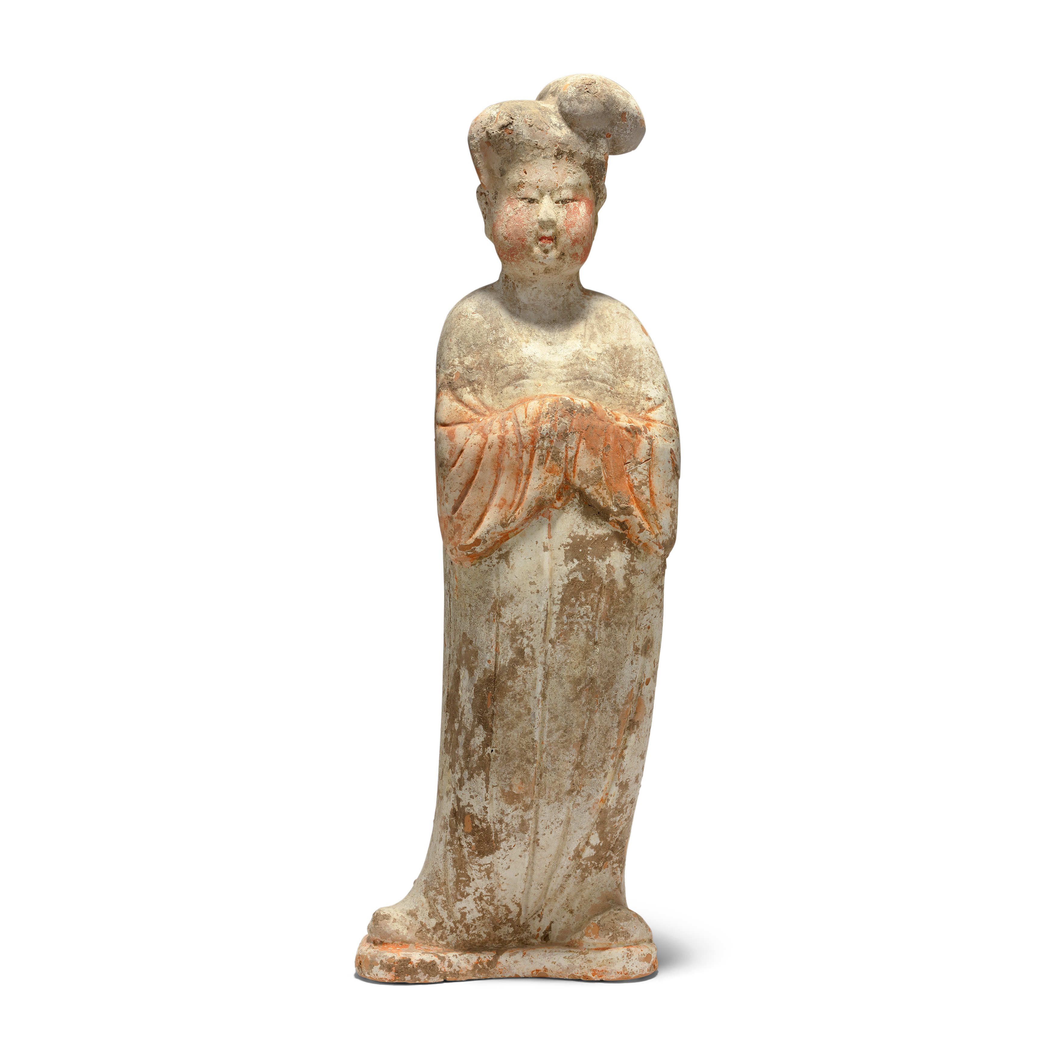 A Chinese pottery figure of a court lady Tang dynasty Modelled standing swaying to the left wit...