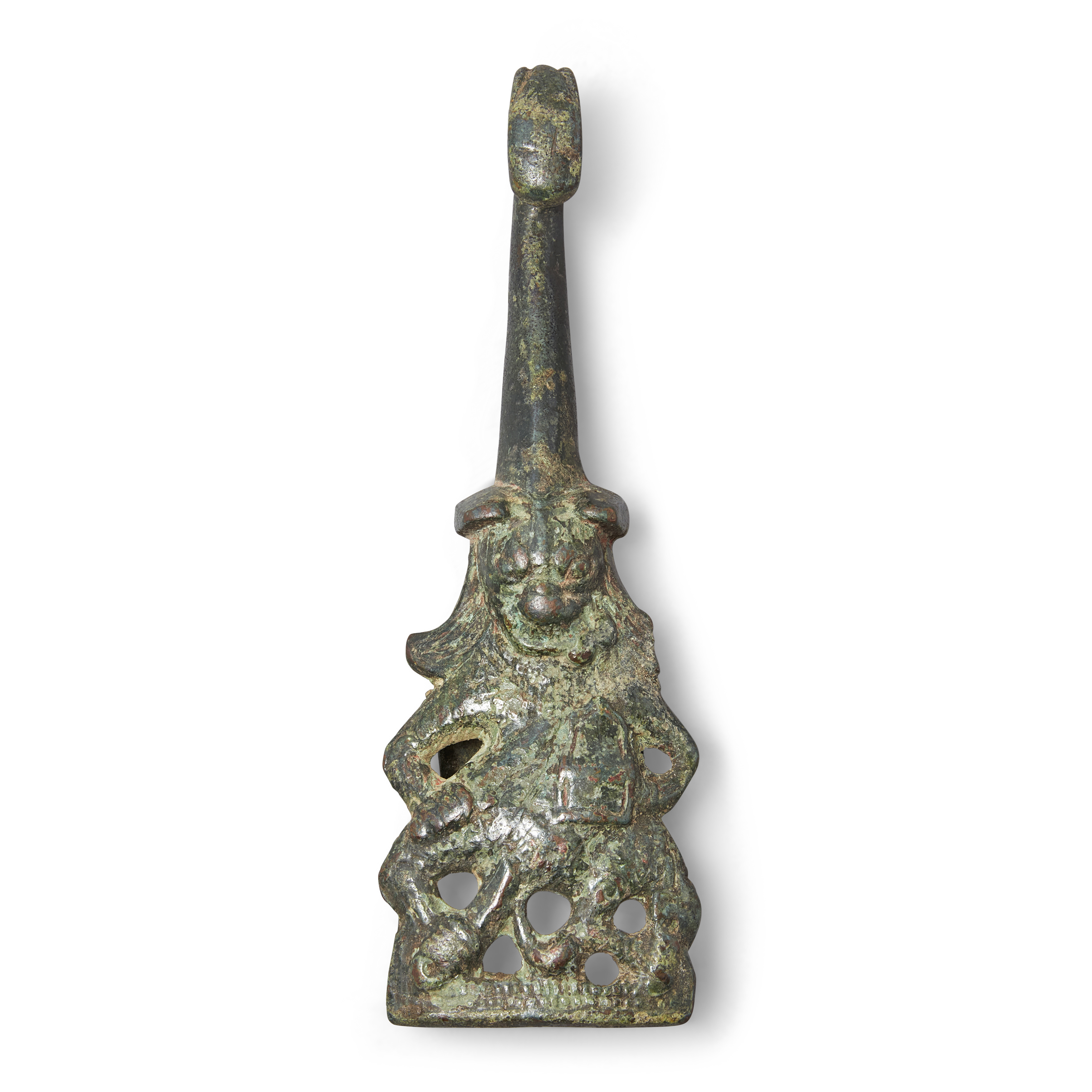 A Chinese bronze belt hook Han dynasty With stylised horned beast head hook, the body cast as a...