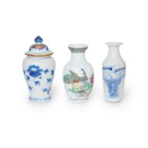 Three Chinese small vases 18th - 20th century Comprising an 18th century blue and white vase wi...