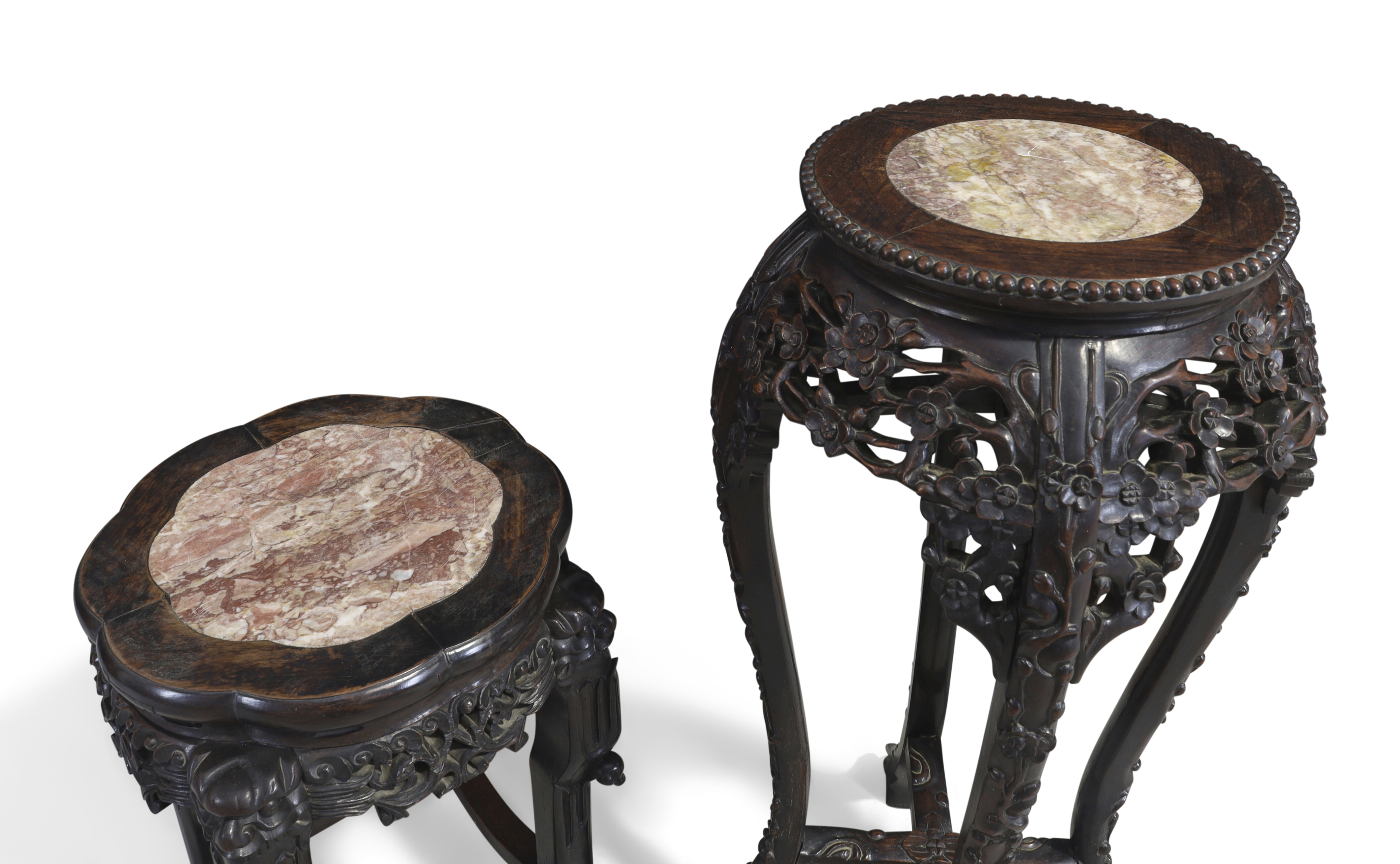 A Chinese hongmu marble inset stool and a similar jardinière stand, Qing dynasty, 19th century ... - Image 2 of 2