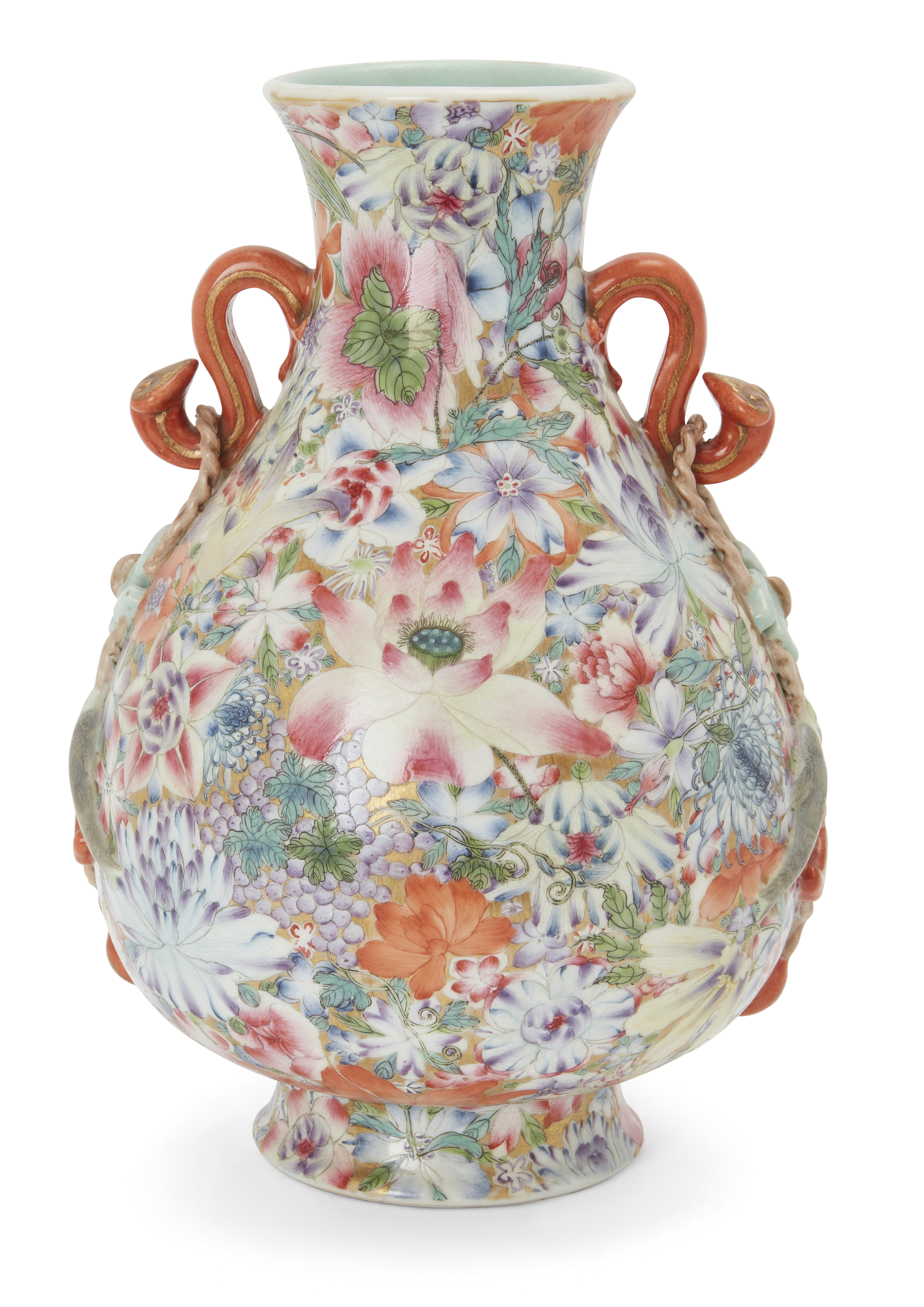 A Chinese famille rose 'hundred flowers' vase with ruyi handles Republic period, apocryphal Qian...