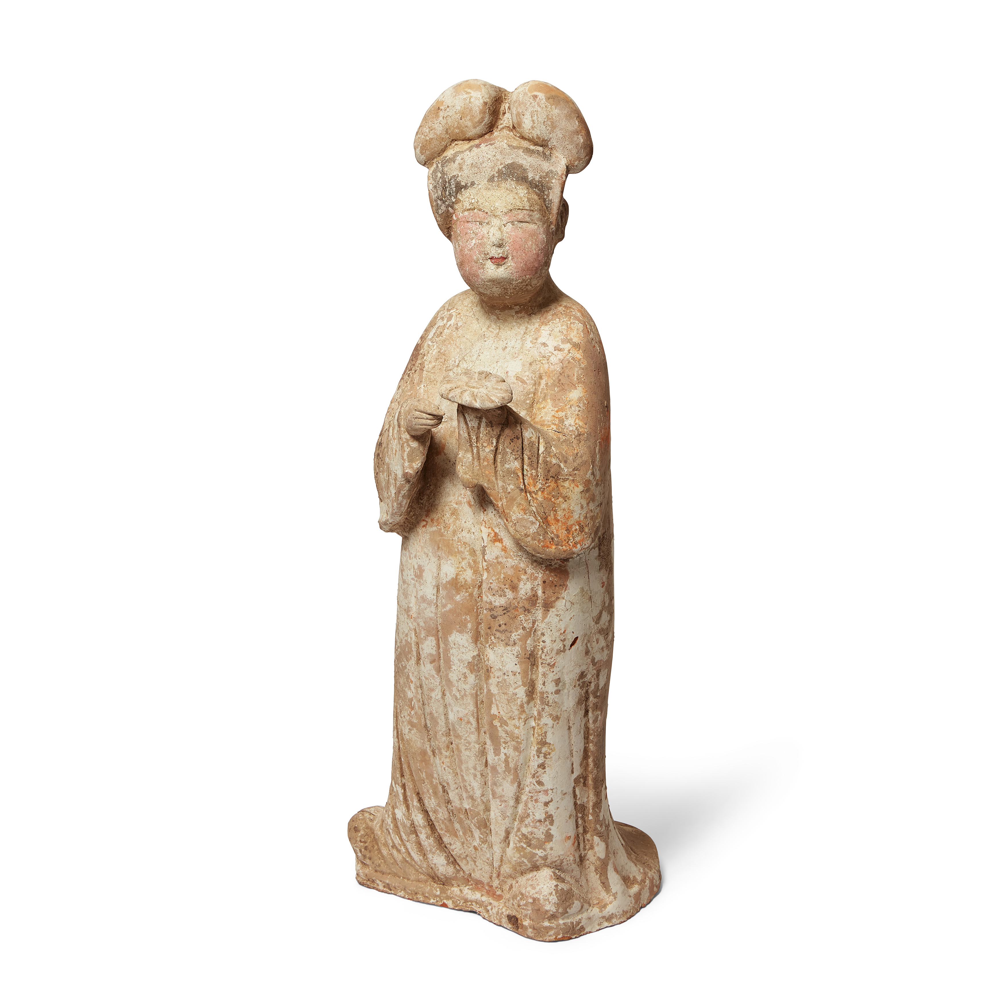 A large Chinese pottery figure of a court lady Tang dynasty Modelled standing swaying to the le...