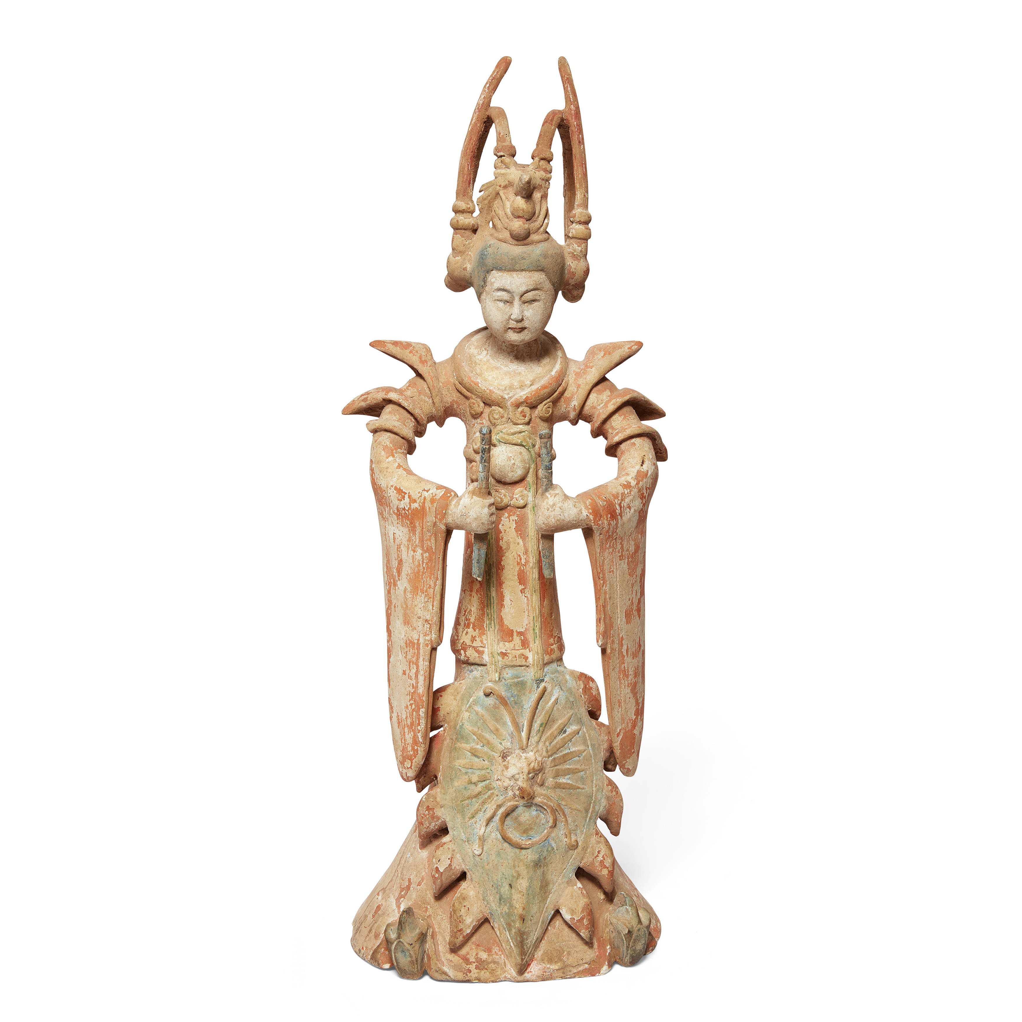 A Chinese painted pottery figure of a dancer Tang dynasty Wearing elaborate bird form headdress...