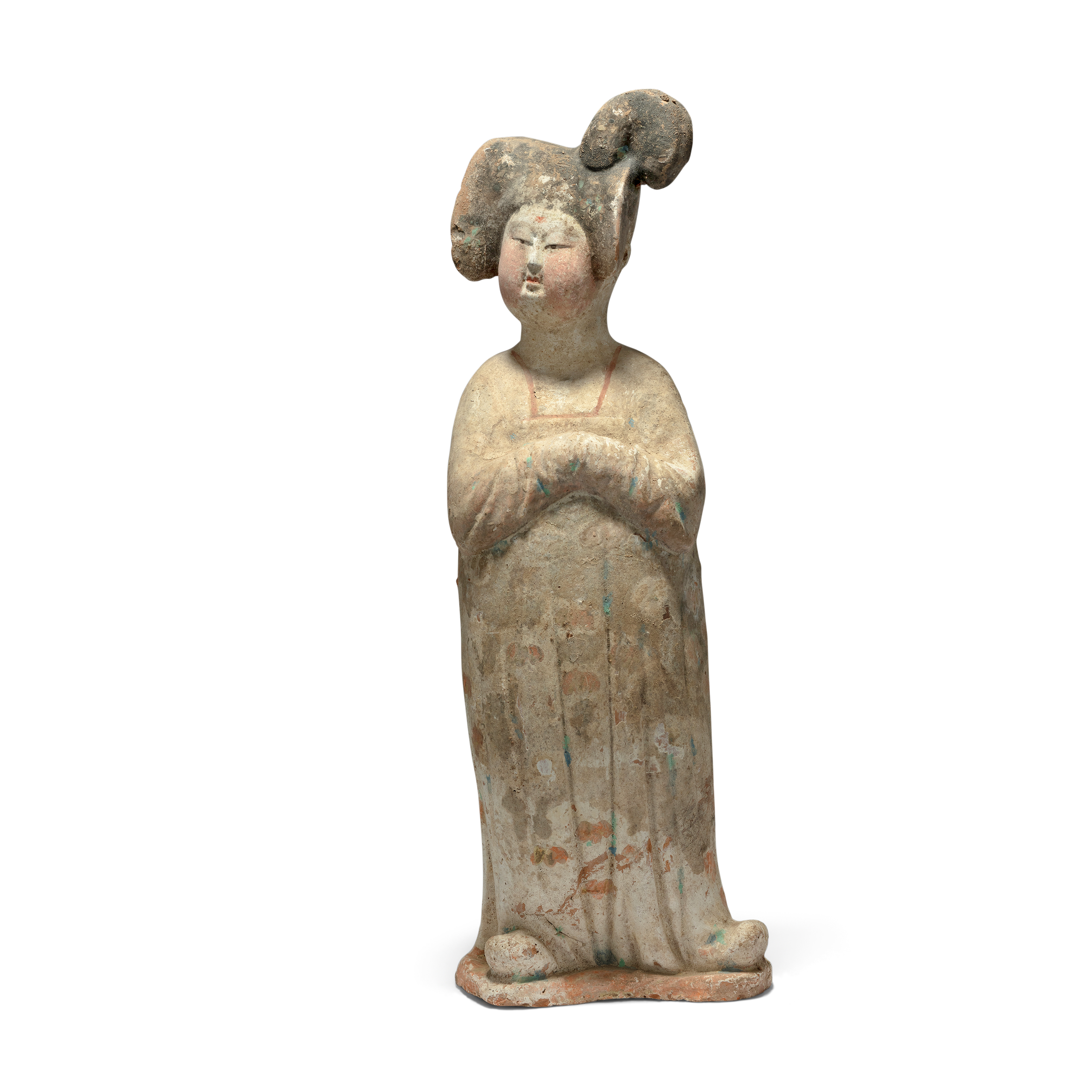 A Chinese pottery figure of a court lady Tang dynasty Modelled swaying and looking to the left,...
