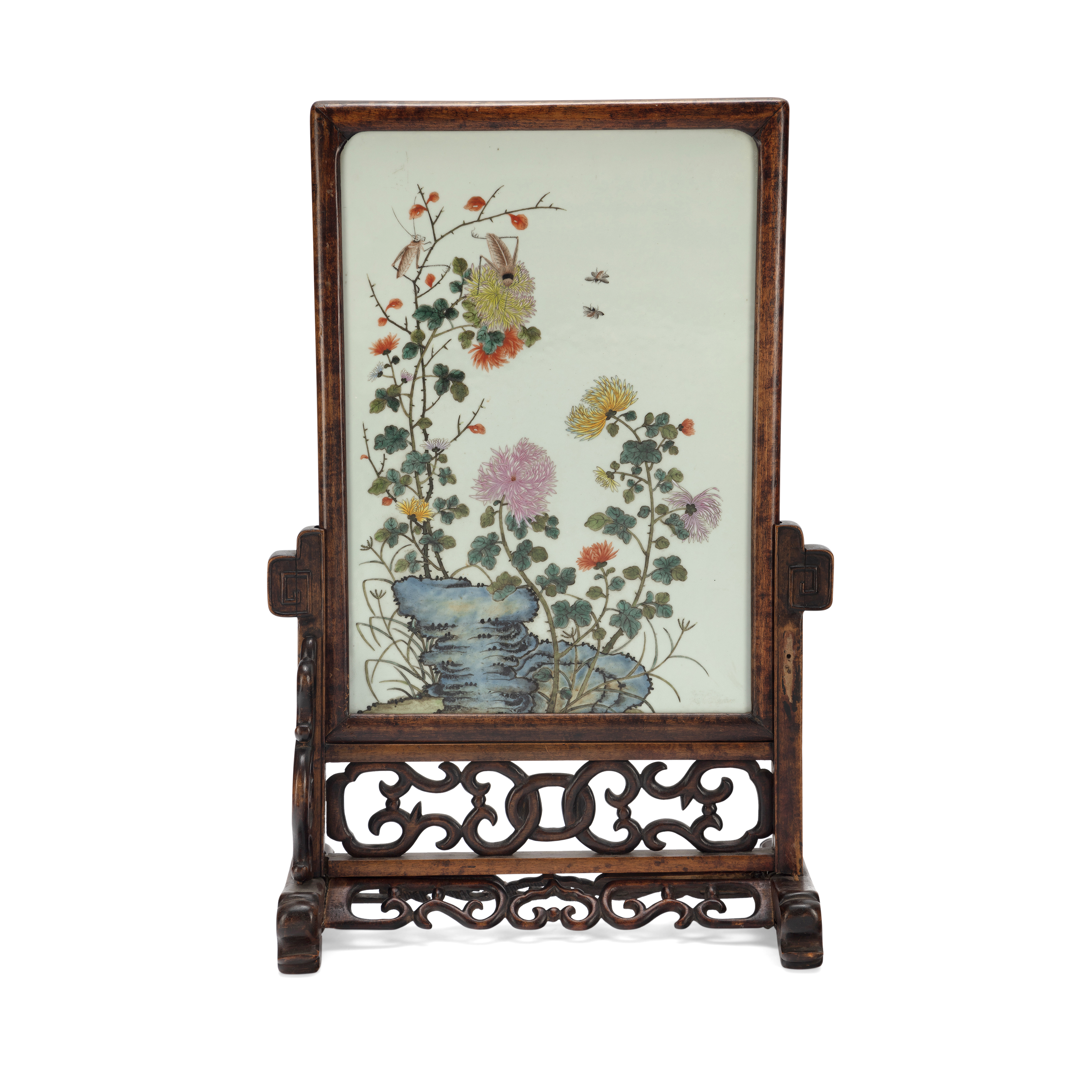 A Chinese famille rose table screen Early 20th century Finely painted with two crickets on chry...