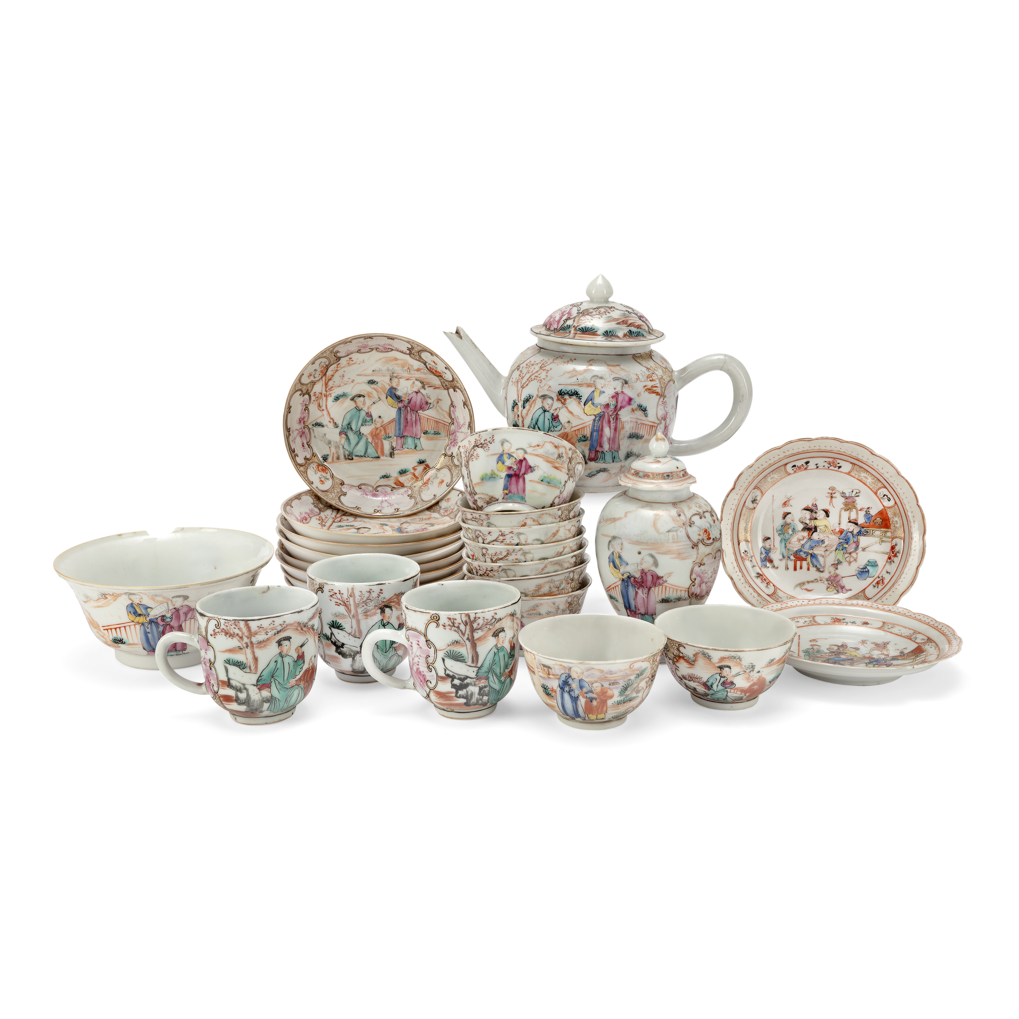 A Chinese export famille rose matched tea/coffee set Qing dynasty, 18th century Comprising teap...