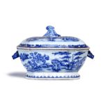 A large Chinese export blue and white tureen Qing dynasty, 18th century Moulded with boar's hea...