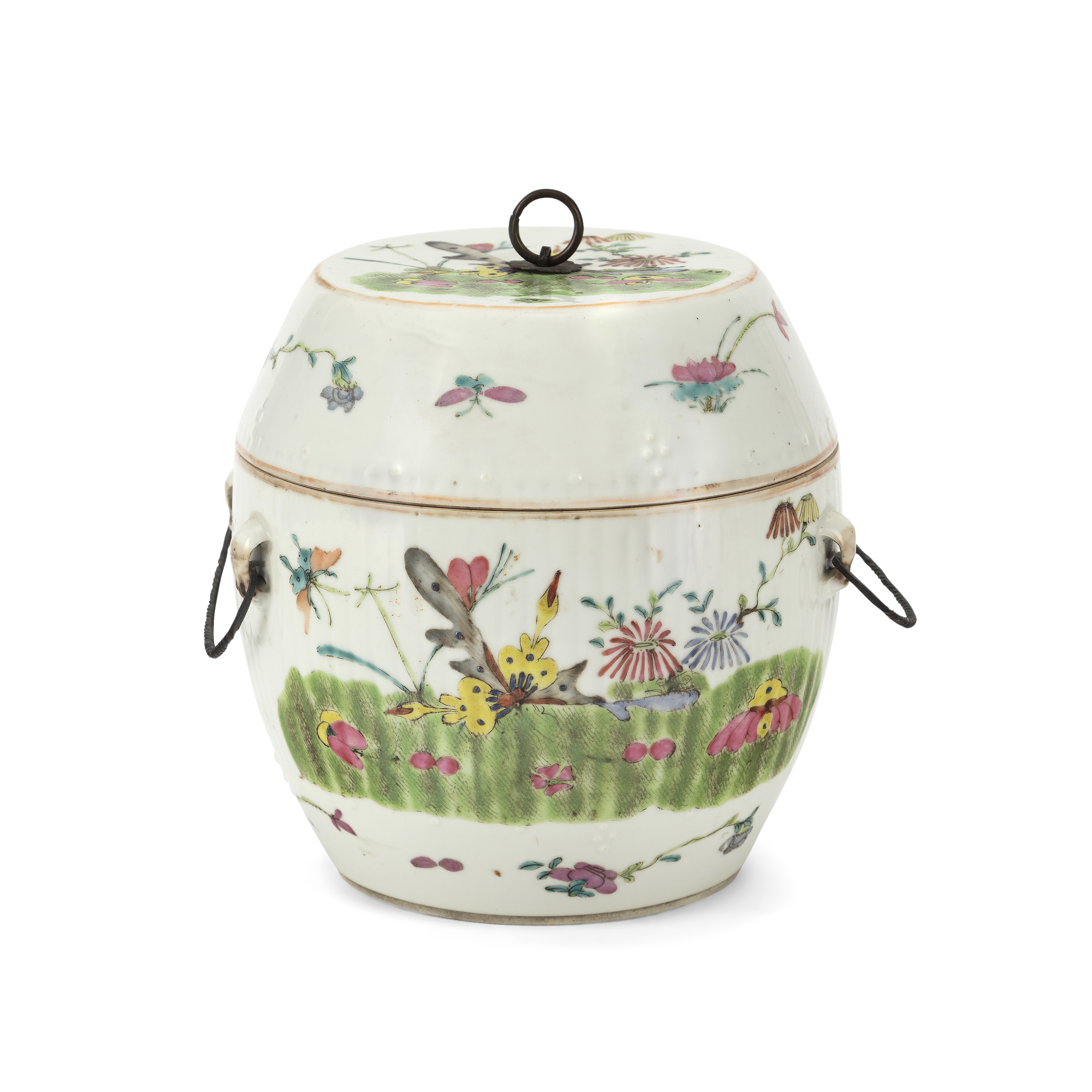 A Chinese famille rose barrel form jar and cover Early 20th century Decorated with butterflies ...