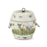 A Chinese famille rose barrel form jar and cover Early 20th century Decorated with butterflies ...