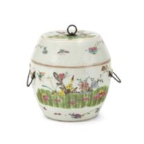 A Chinese famille rose barrel form jar and cover Early 20th century Decorated with butterflies ...