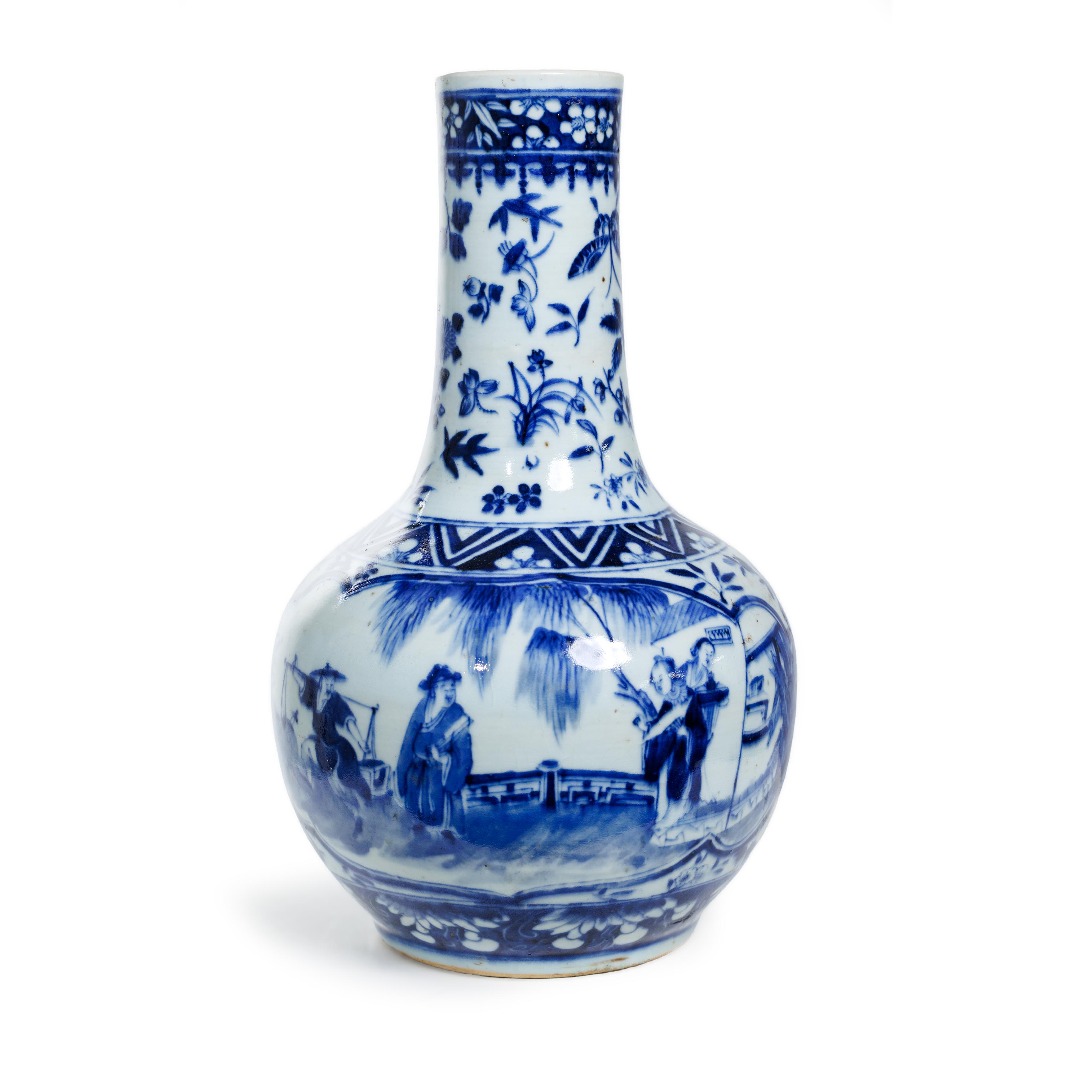 A Chinese blue and white figurative bottle vase Qing dynasty, 19th century The heavily potted v...