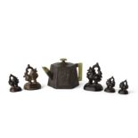 A pewter-encased hexagonal teapot and five bronze weights from a set Late Qing dynasty/Republic ...