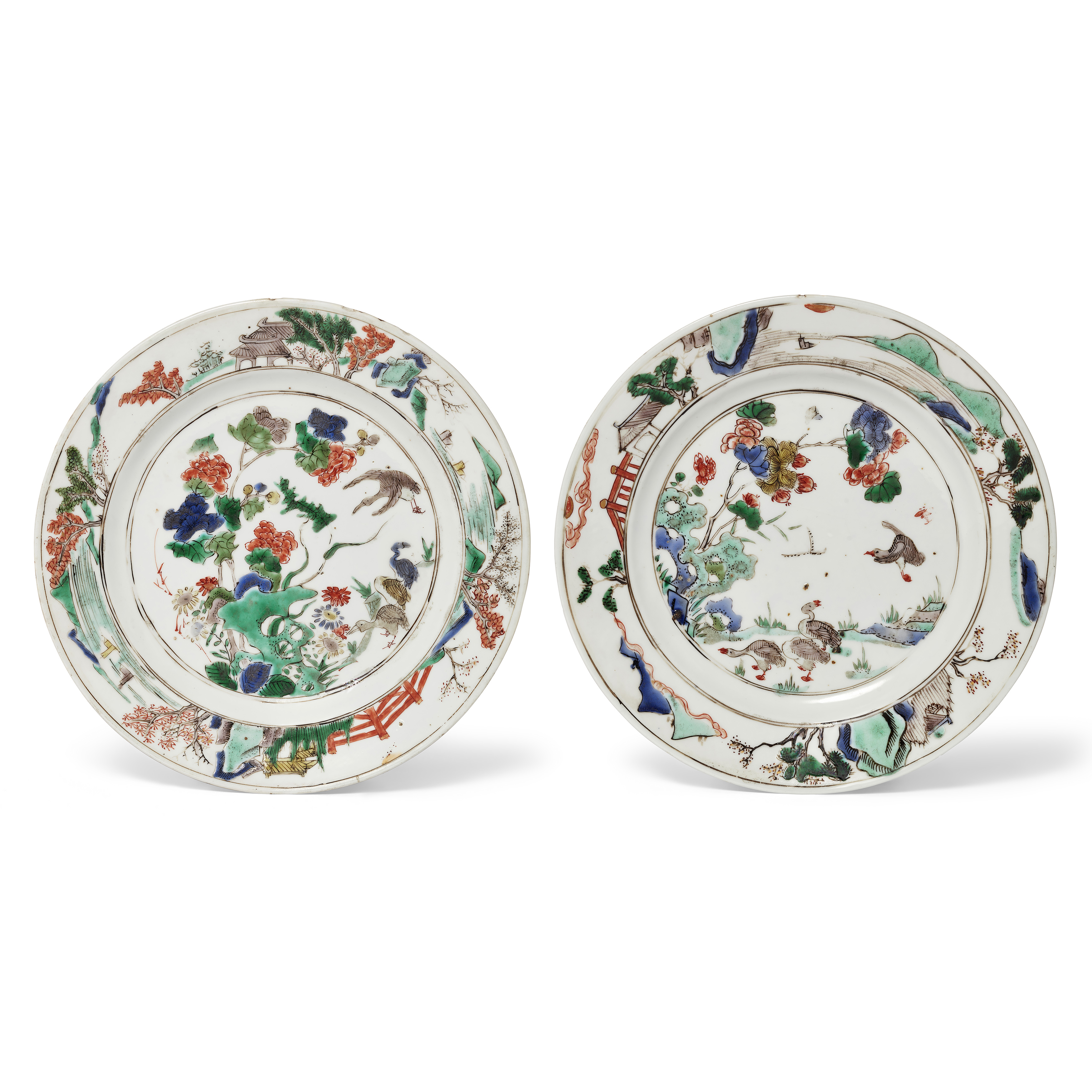 A pair of Chinese famille verte 'geese' plates Qing dynasty, Kangxi period Enamelled to the int...