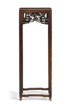 A Chinese hongmu miniature jardinière stand Republic period The square top inset with burr wood...