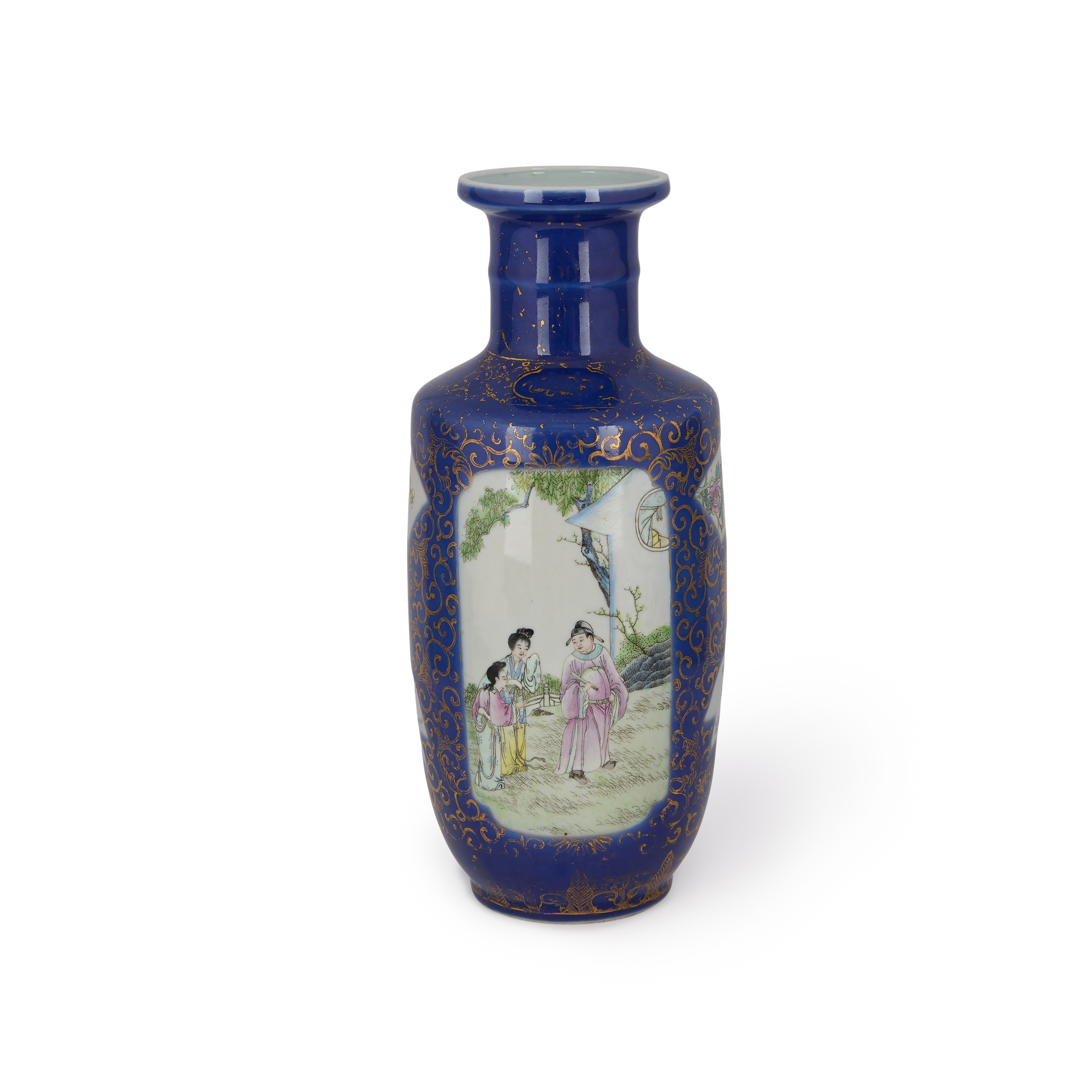 A Chinese famille rose and powder blue rouleau vase Late Qing/Republic Painted to the front and...