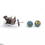 A Chinese silver 'pulled rickshaw' seasoning set and two circular enamelled boxes Late Qing dyna...