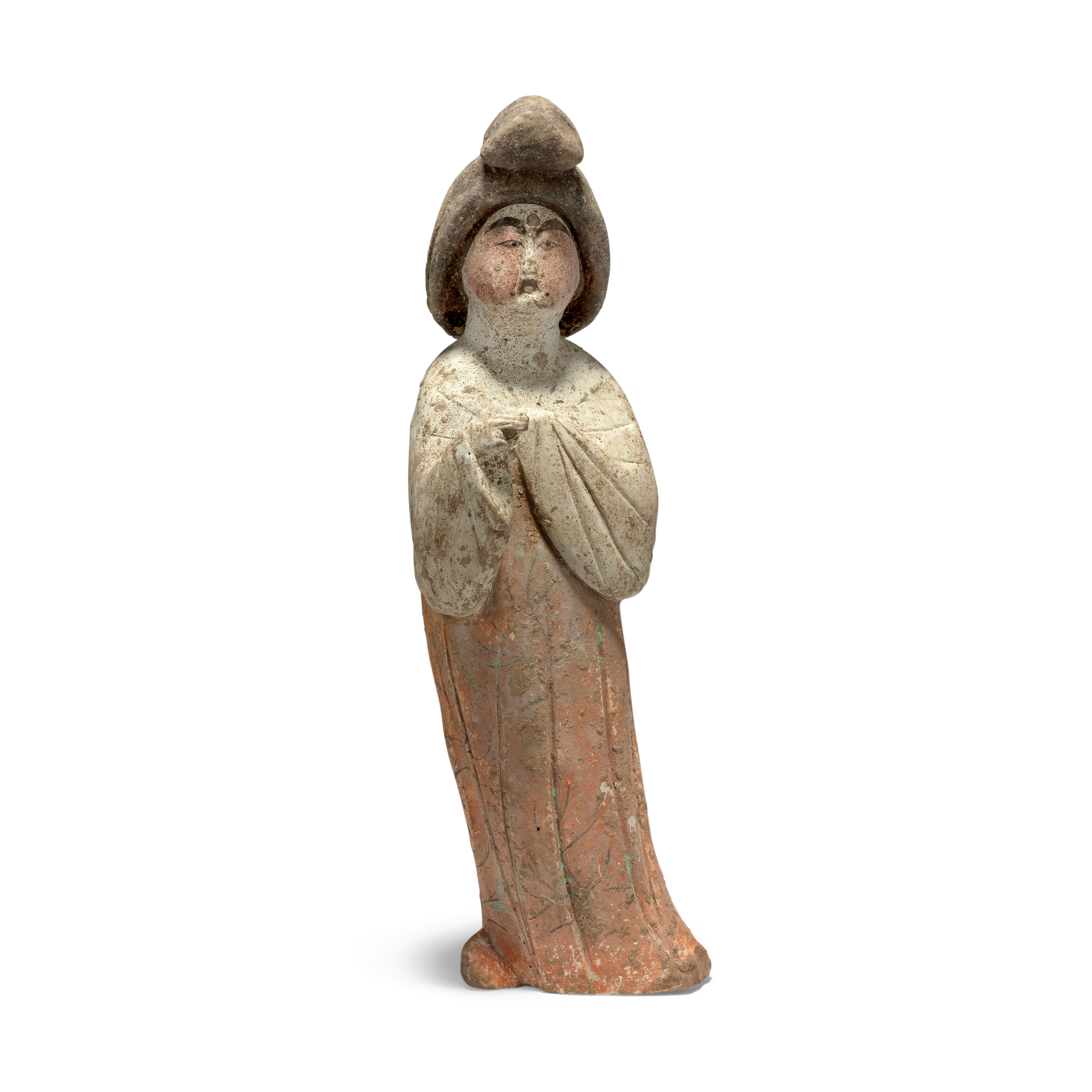 A Chinese pottery figure of a court lady Tang dynasty Modelled standing swaying slightly to the...