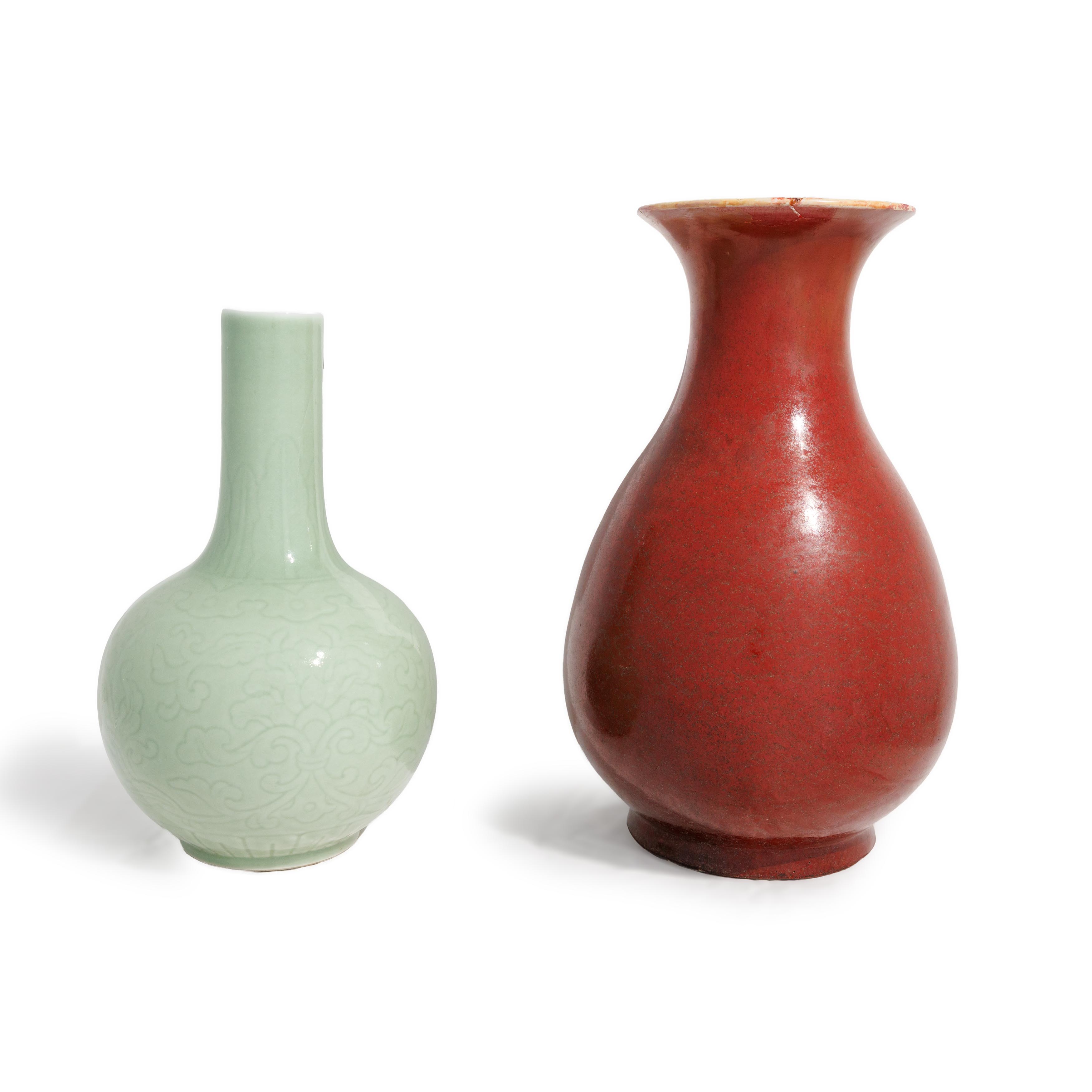 A Chinese monochrome copper red pear shaped vase, yuhuchun, and a celadon bottle vase 19th - 20t...