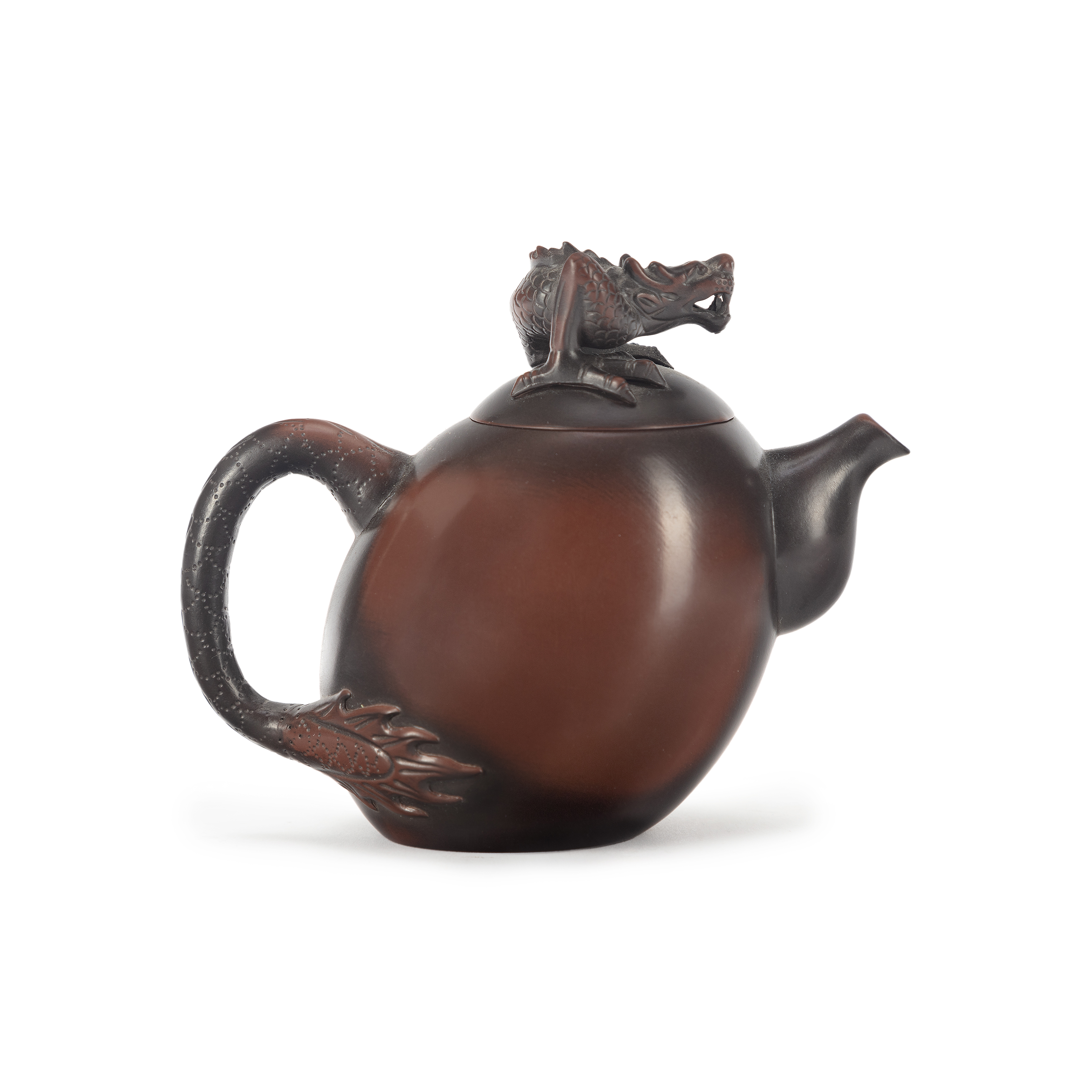 A Chinese Yixing teapot with moulded dragon finial 20th century Of tilted ovoid form with C-sha...